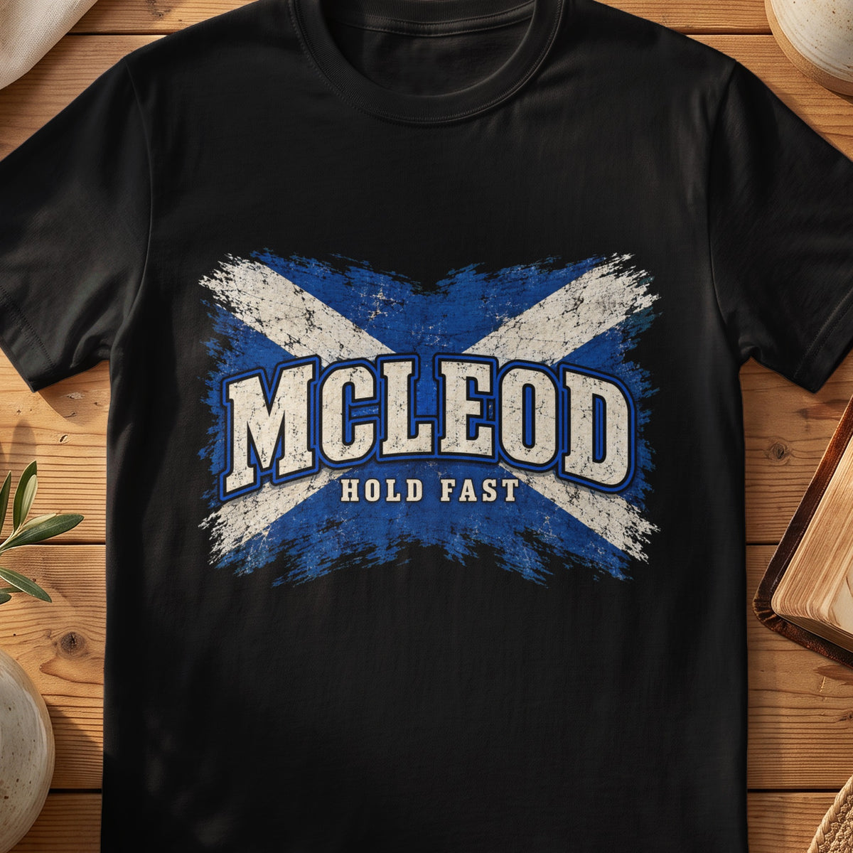 McLeod Scottish Saltire T-shirt in Black, with distressed blue and cream flag and “Hold Fast” lettering.