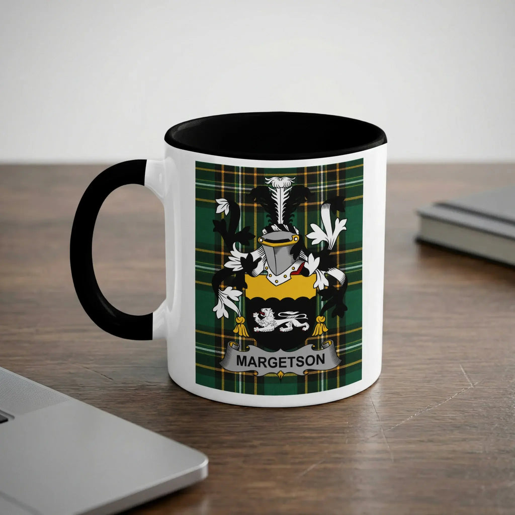 White mug with black handle displaying the MARGETSON family crest.