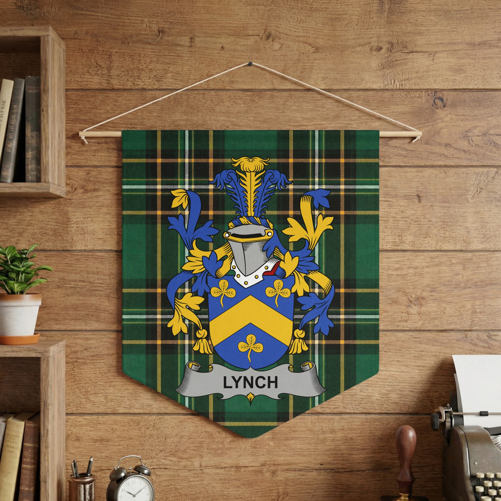 Lynch Irish Family Crest wall pennant against wood paneling