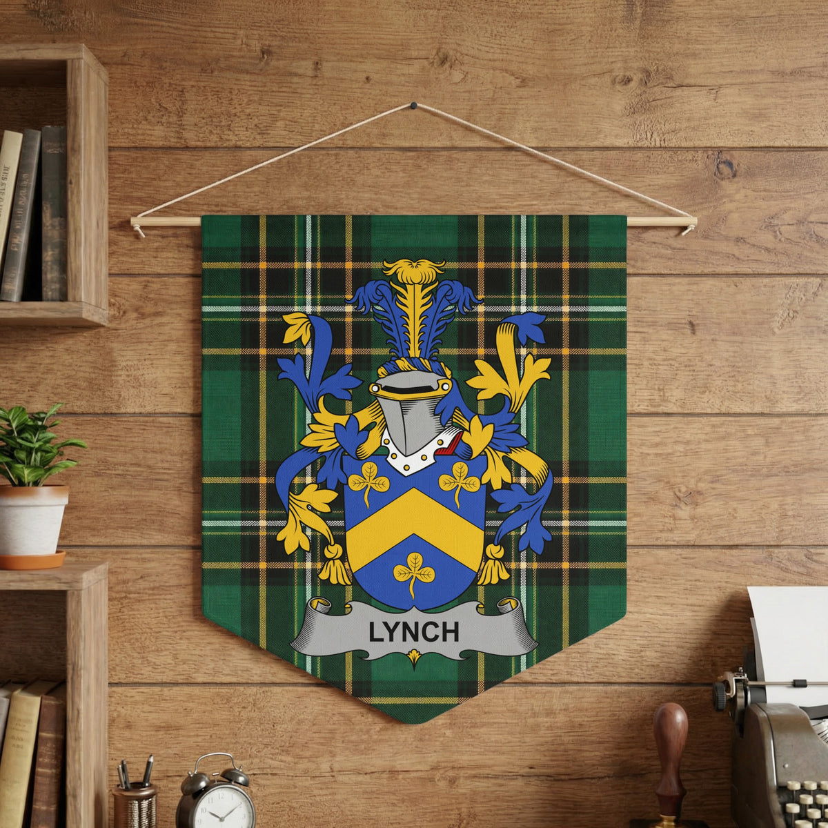 Lynch Irish Family Crest wall pennant against wood paneling