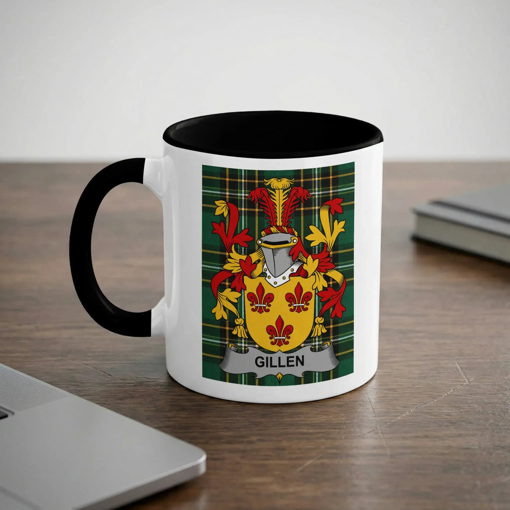 Gillen coat of arms on a white mug with a black rim.