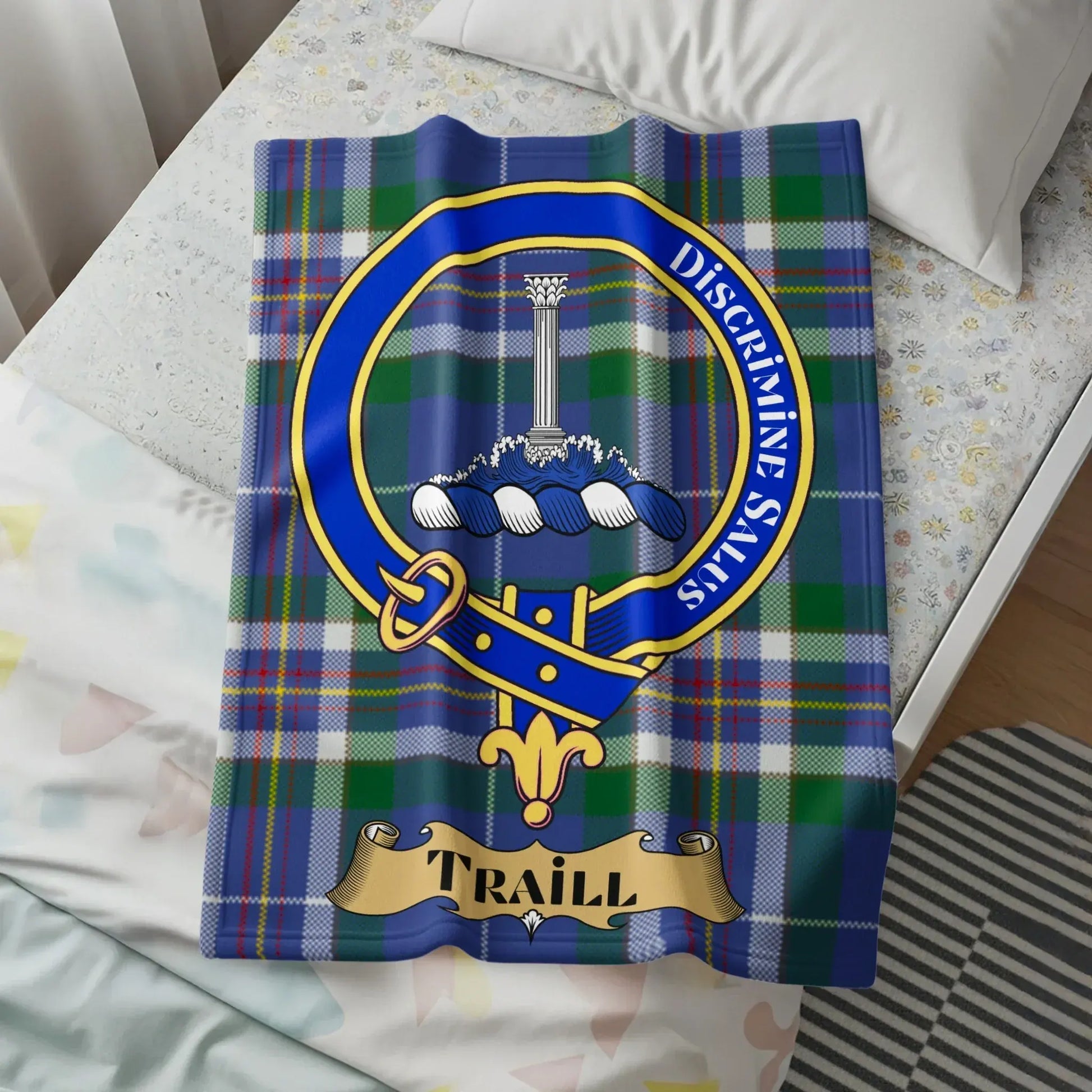 Traill Tartan Blanket with Clan Crest design product type