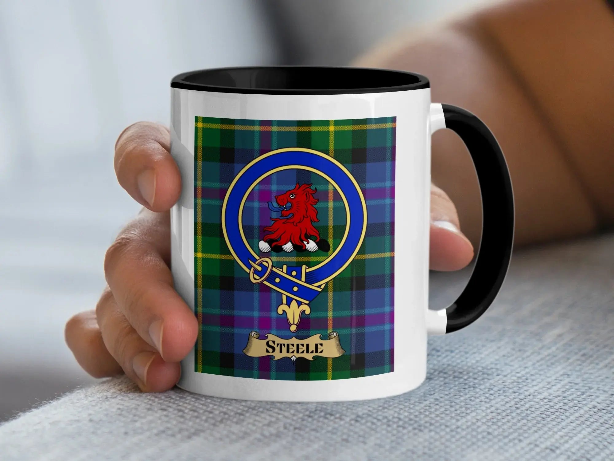 Steele tartan mug with a coloured accent handle and interior