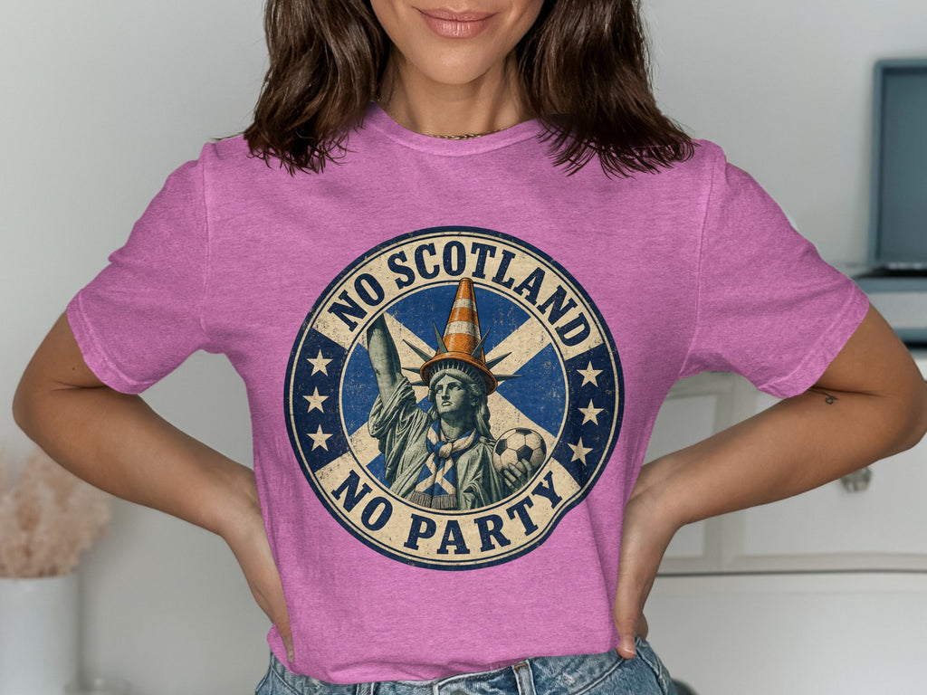 Statue of Liberty wearing traffic cone and scarf, holding soccer ball, text "No Scotland No Party".