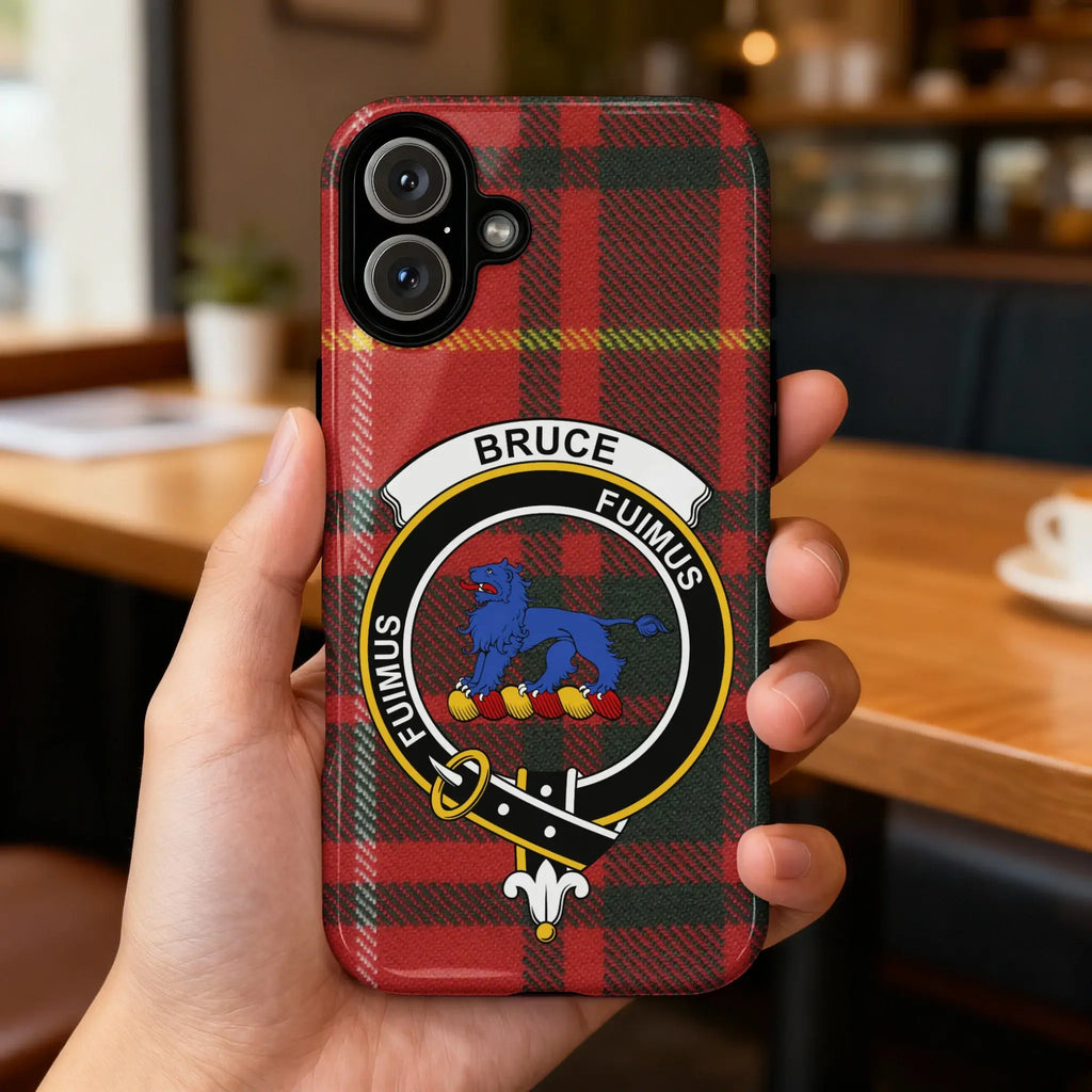 Bruce clan crest phone case on iPhone — slim impact-resistant shell with precise port cutouts