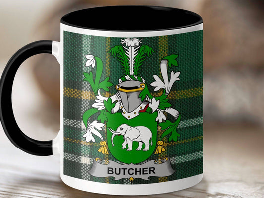 Butcher Surname Family Crest Irish Tartan Mug - Celtic Ancestry Gifts