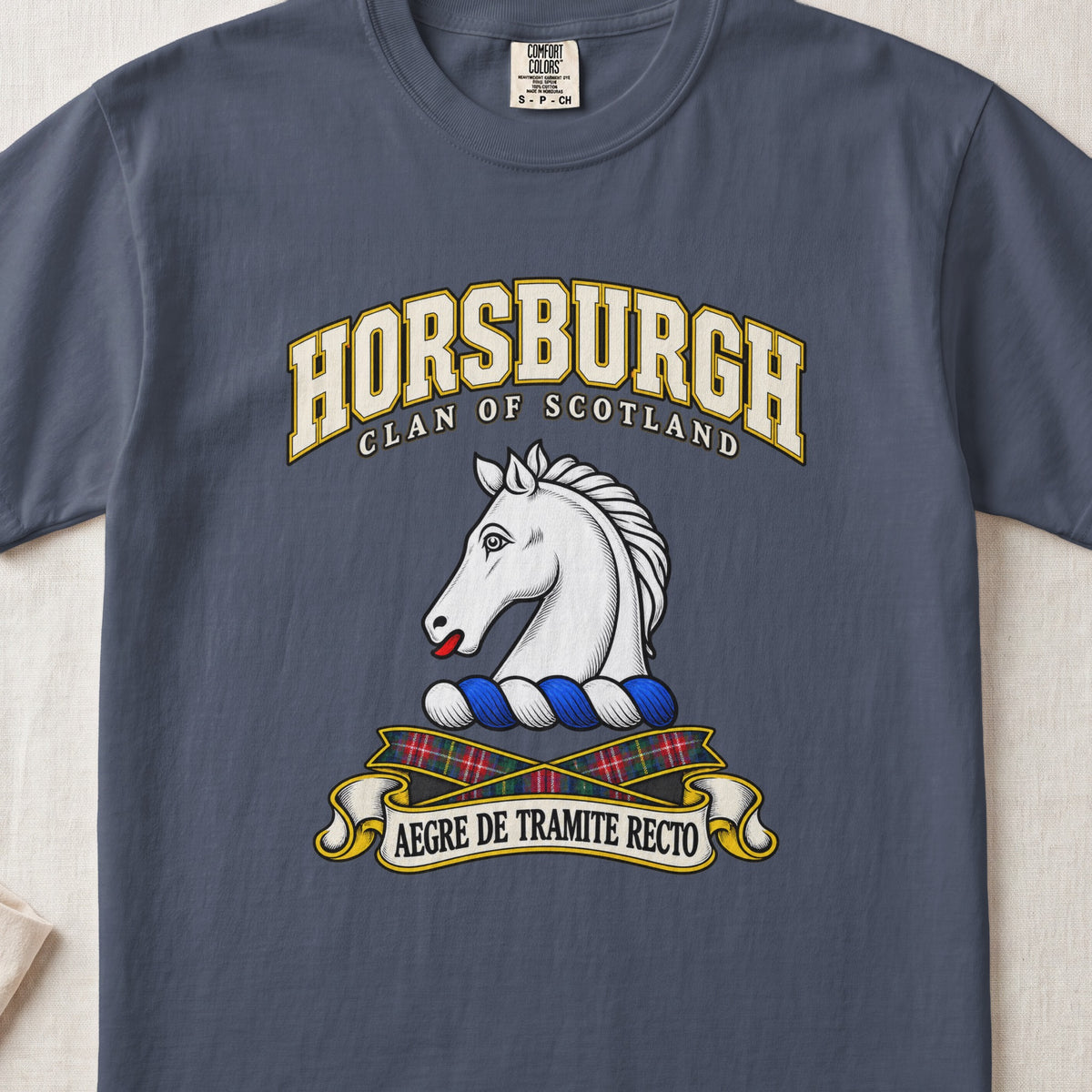 Horsburgh Scottish clan T-shirt in Midnight, front view with a white horse head and motto design.