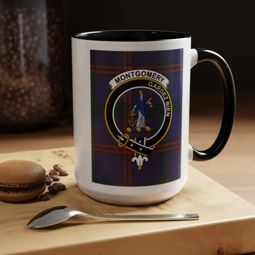 Montgomery clan crest mug with navy handle — 15oz ceramic with tartan design