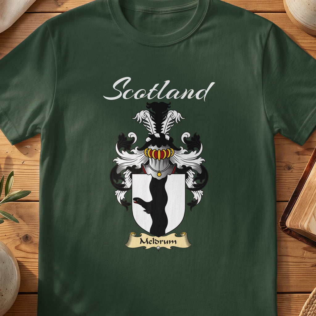 Forest Green Meldrum Scottish T-shirt featuring a black animal-leg silhouette on a white shield