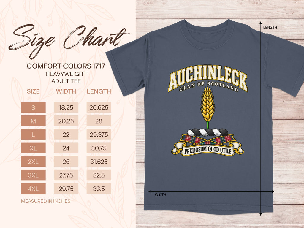 Comfort Colors 1717 size chart for the Auchinleck Scottish clan T-shirt, adult sizes S–4XL.
