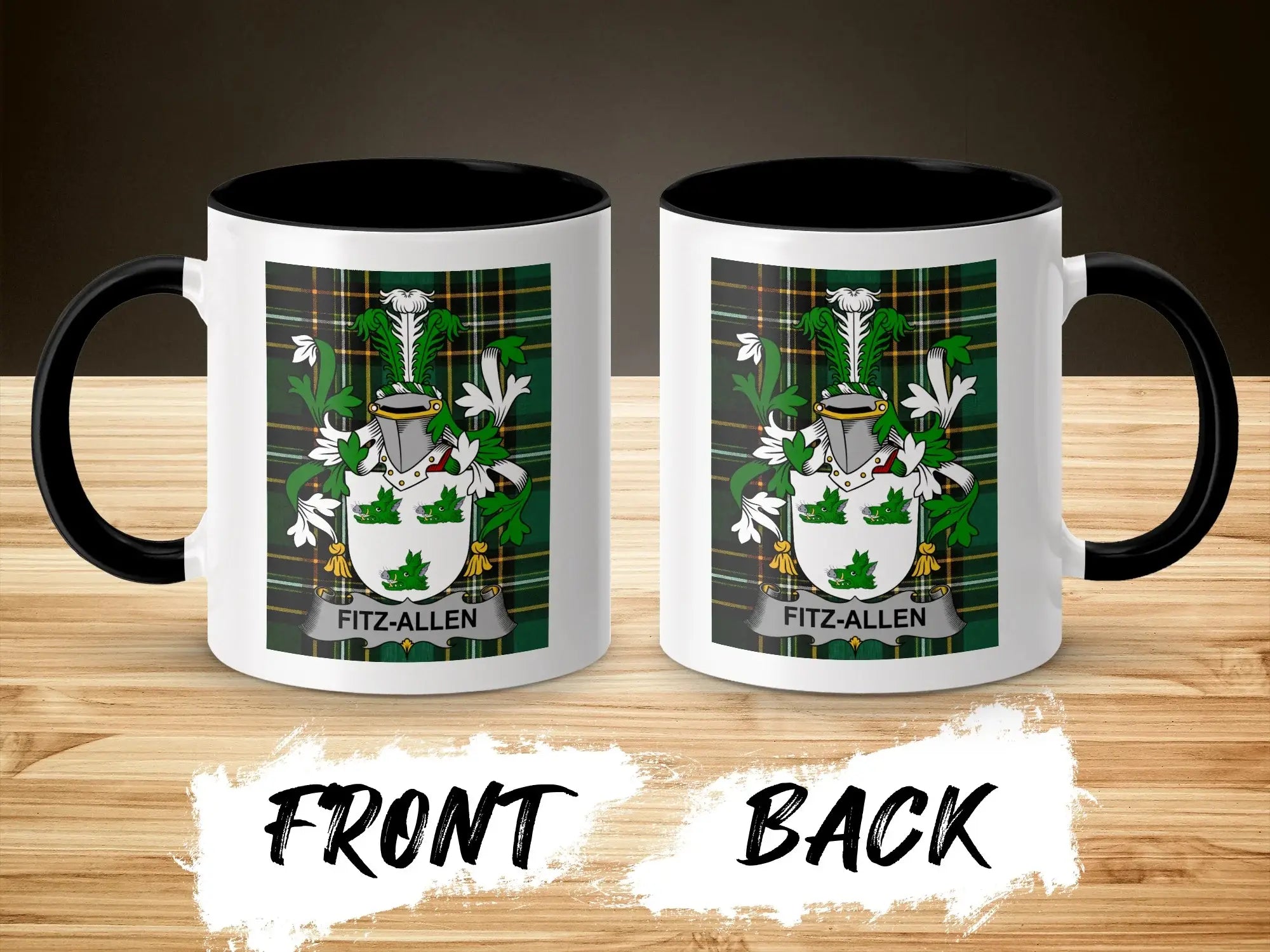 Mug with Fitz-Allen coat of arms on front and back, black handle.