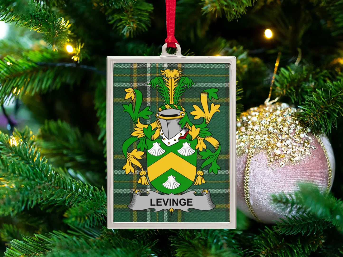 Levinge Family Crest Plaid Green Holiday Ornament product