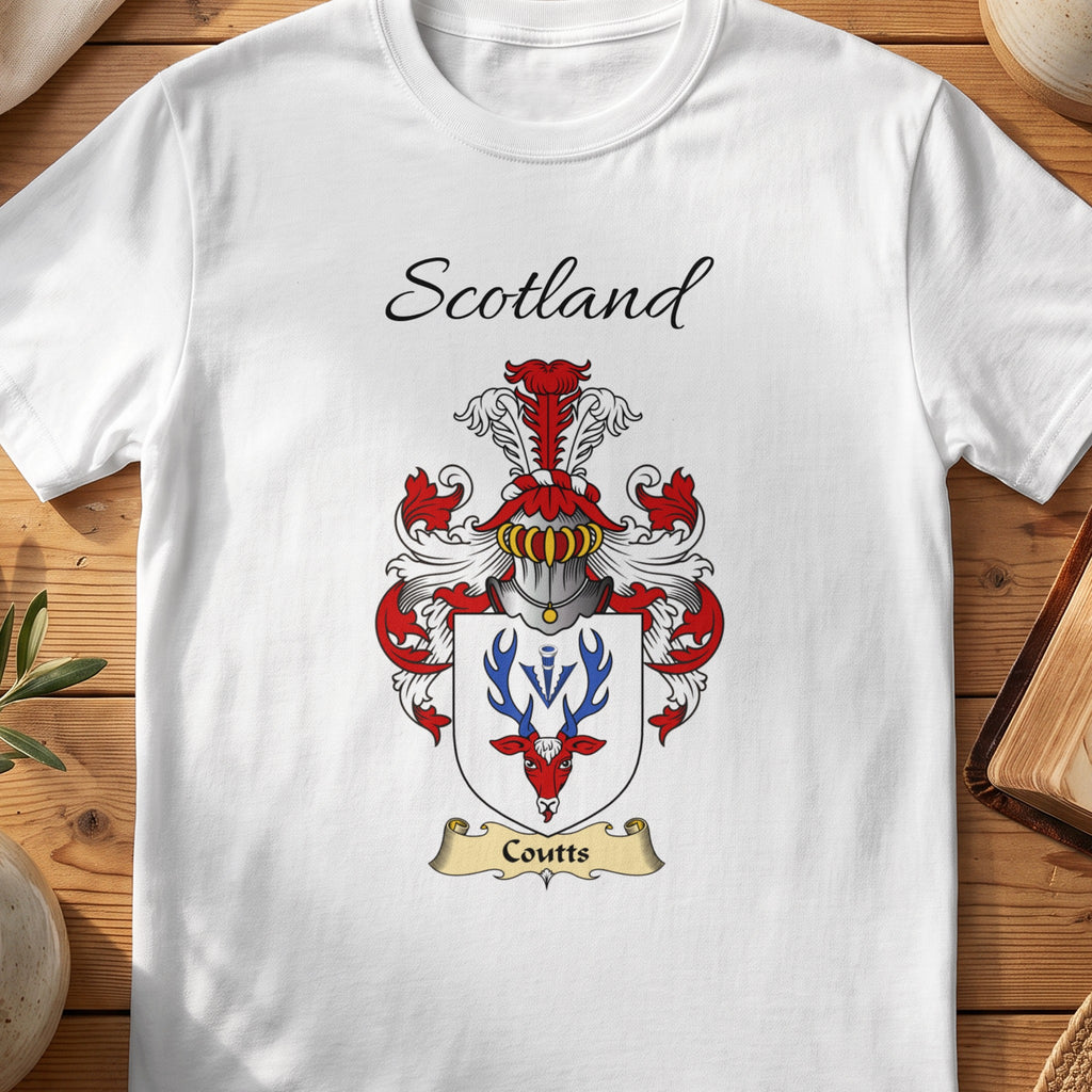 White Coutts Scottish family shield T-shirt featuring a red stag head with blue antlers
