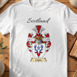 White Coutts Scottish family shield T-shirt featuring a red stag head with blue antlers