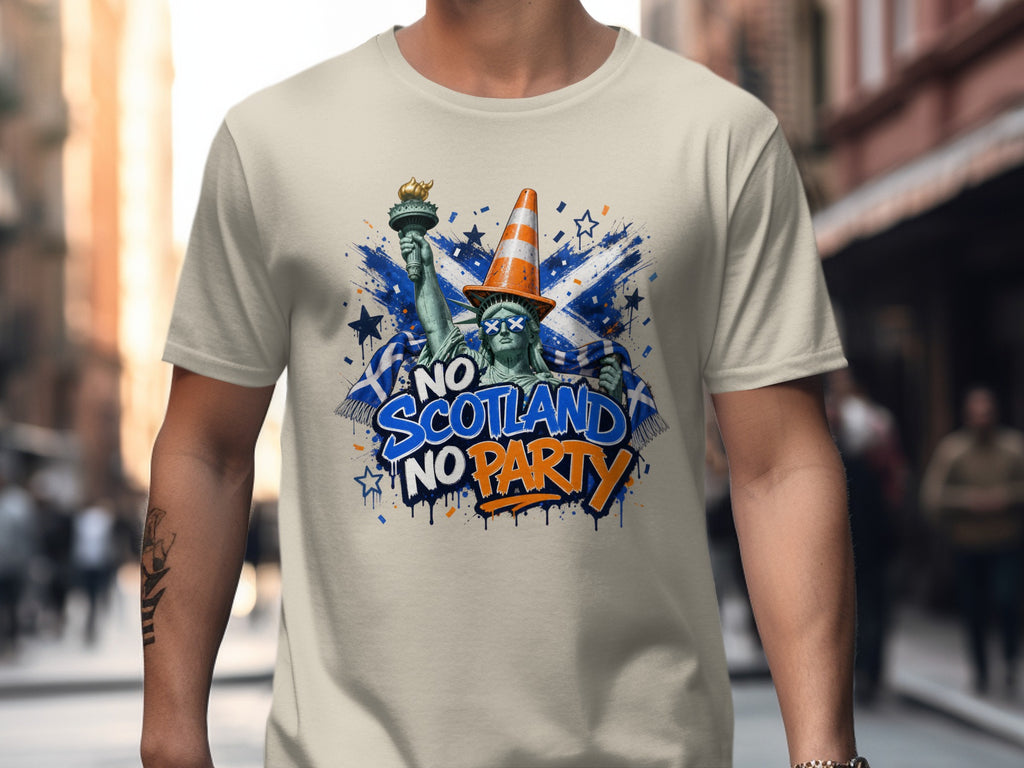 Statue of Liberty with traffic cone and Scottish flags, text "No Scotland No Party".