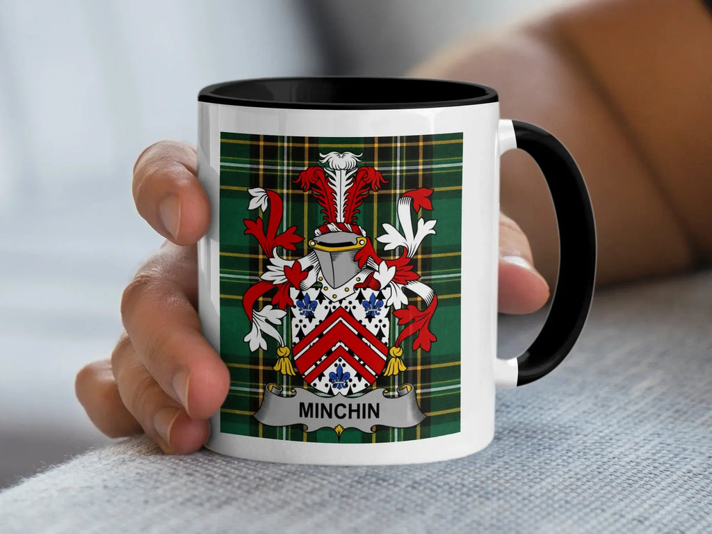 Minchin Irish family crest black accent mug