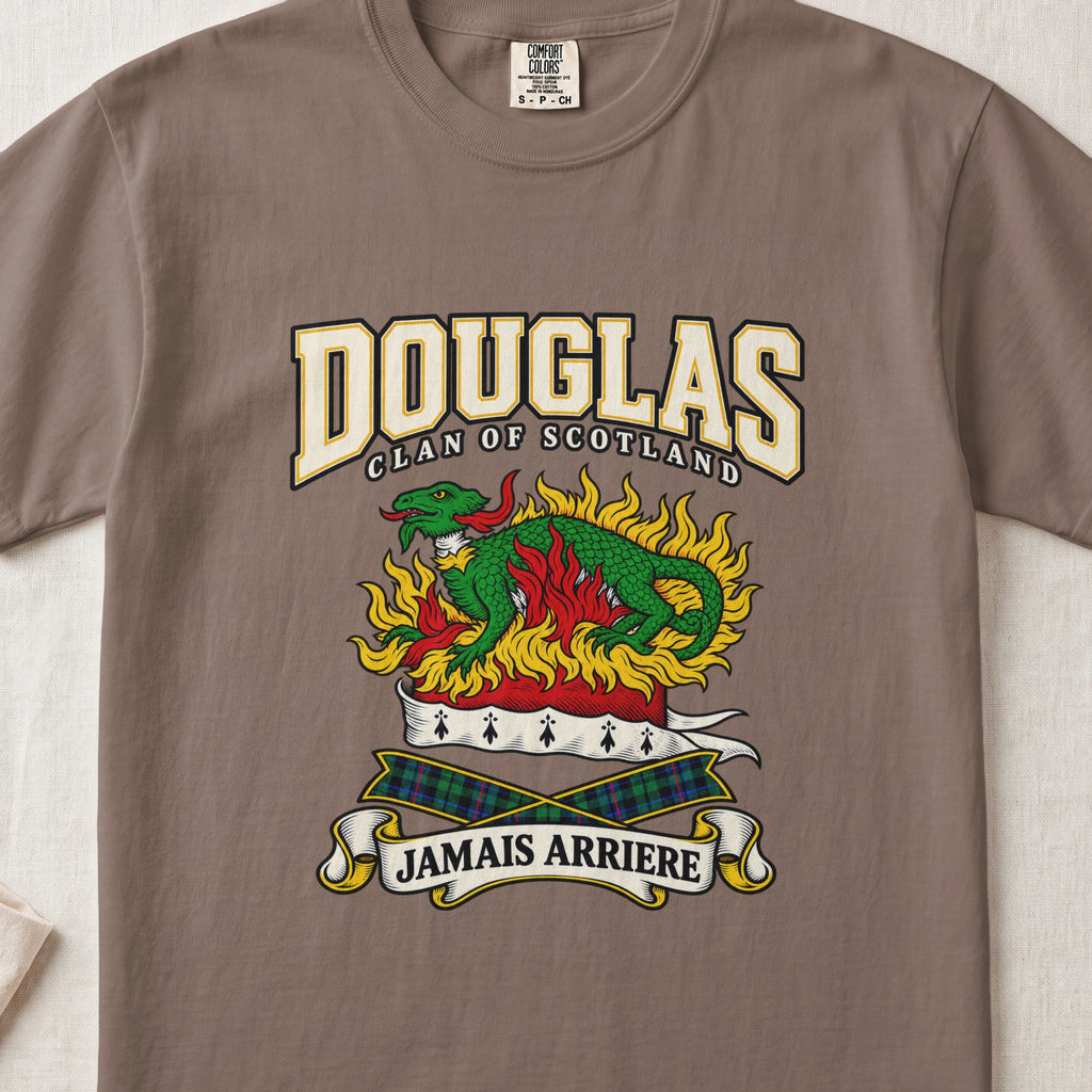 Douglas graphic T-shirt in Espresso brown, front flat lay showing varsity lettering and green salamander amid gold and red flames.