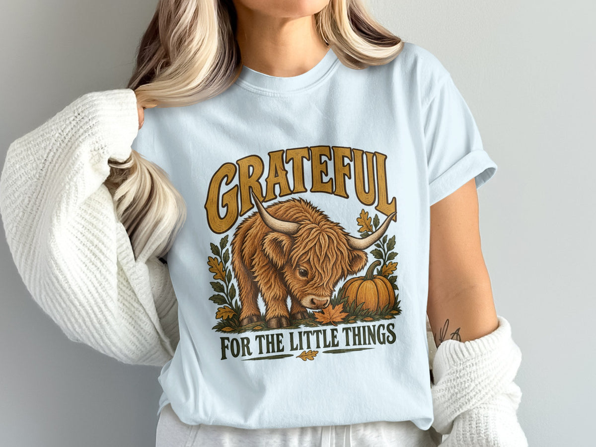 Model wearing the Grateful for the Little Things Highland cow Comfort Colors T-shirt in Chambray