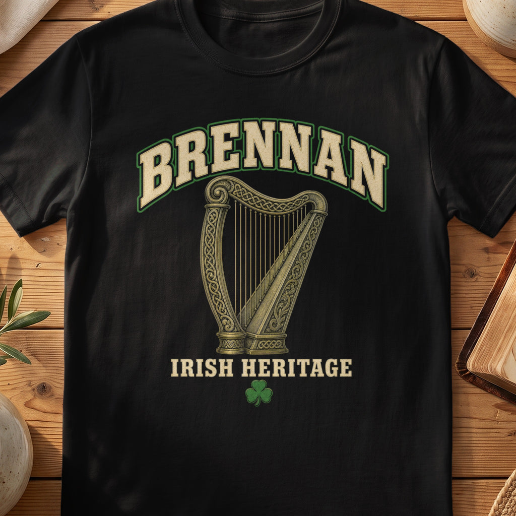 Brennan Irish harp T-shirt in Black, with cream surname lettering, a gold-toned harp, green shamrock and “Irish Heritage” text.