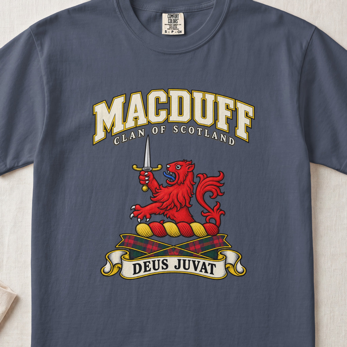 MacDuff Scottish clan T-shirt in Midnight, front view with a red lion holding an upright dagger and motto design.