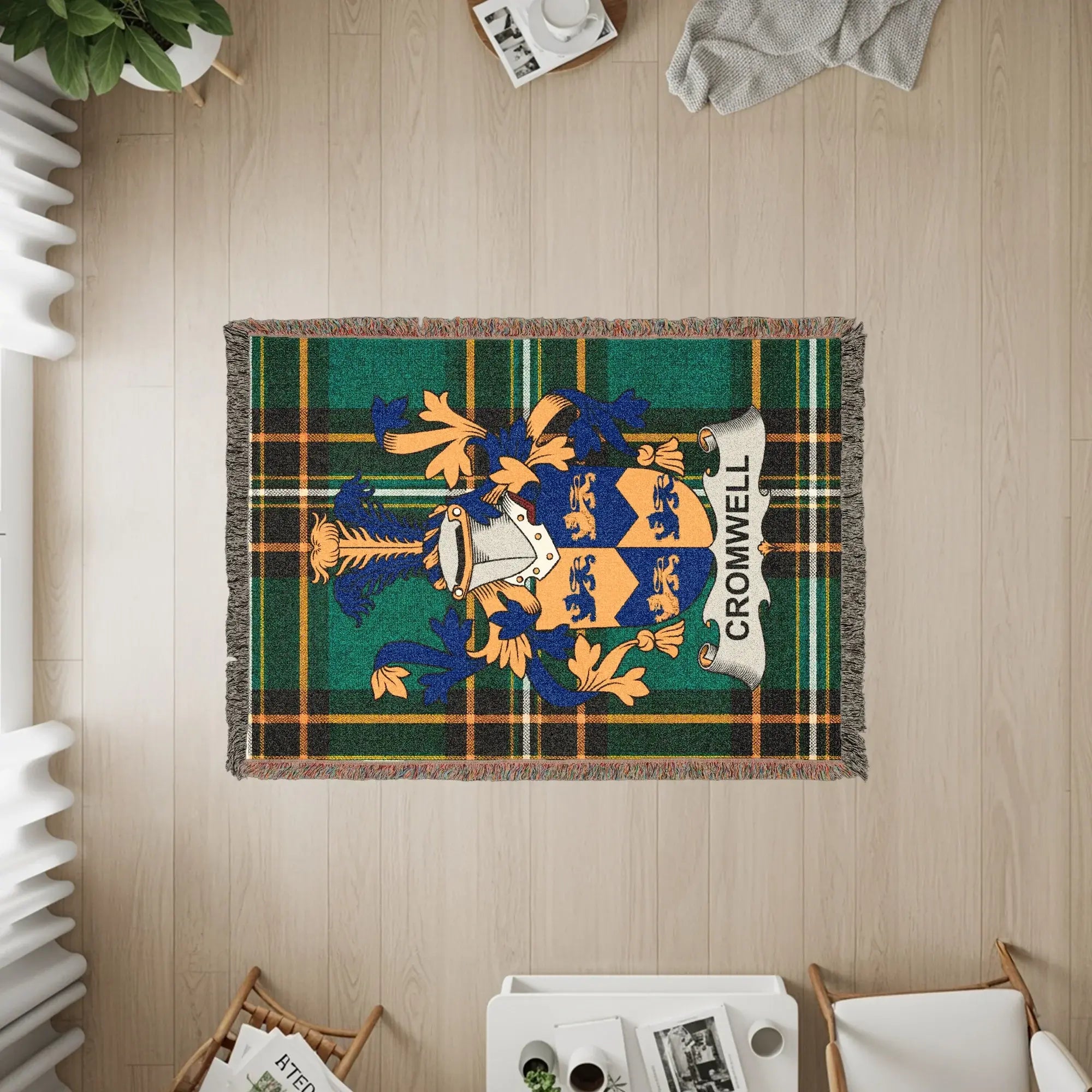 Cromwell Coat Arms Green Plaid Throw Blanket product type