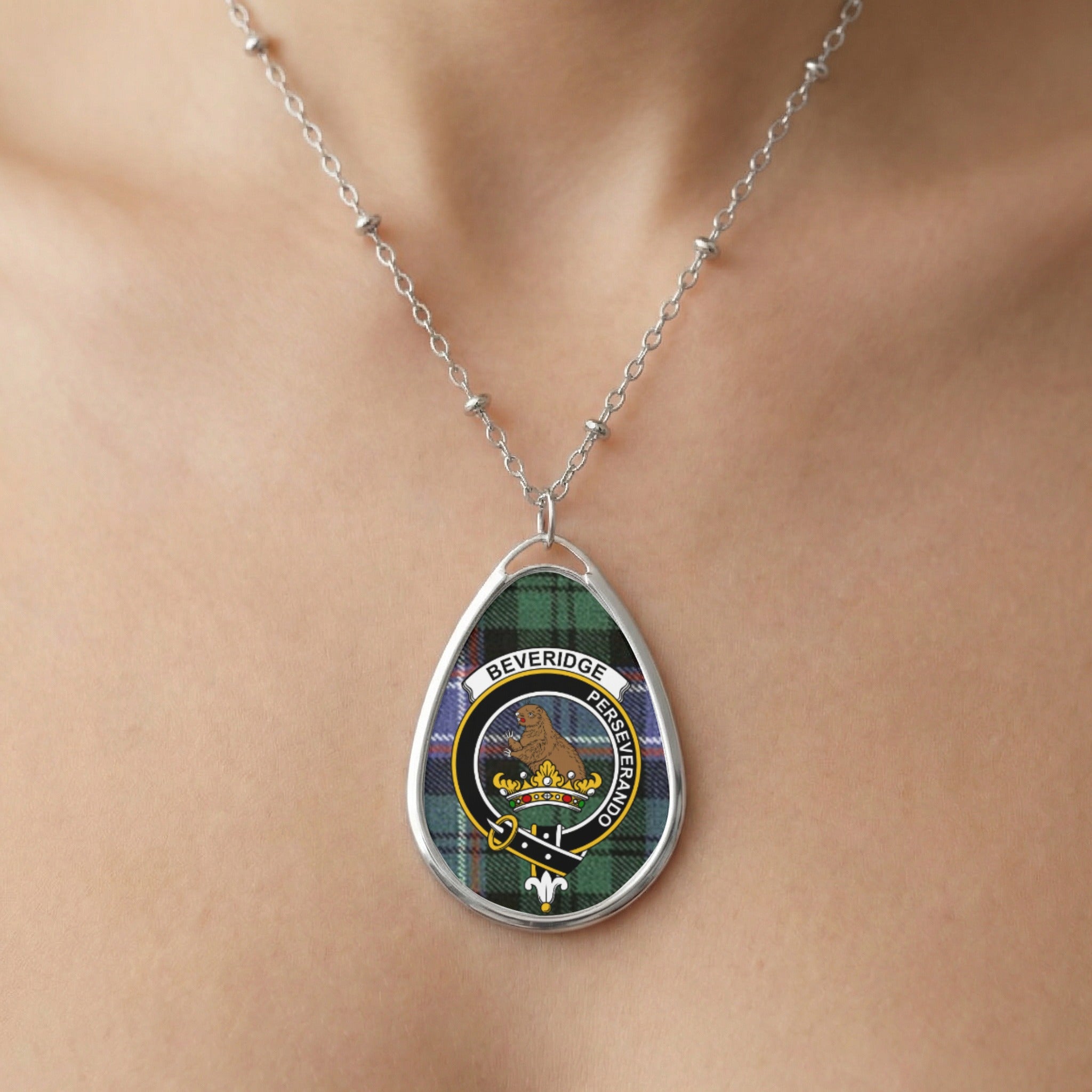 Close-up of Beveridge clan tartan pendant necklace with crest design