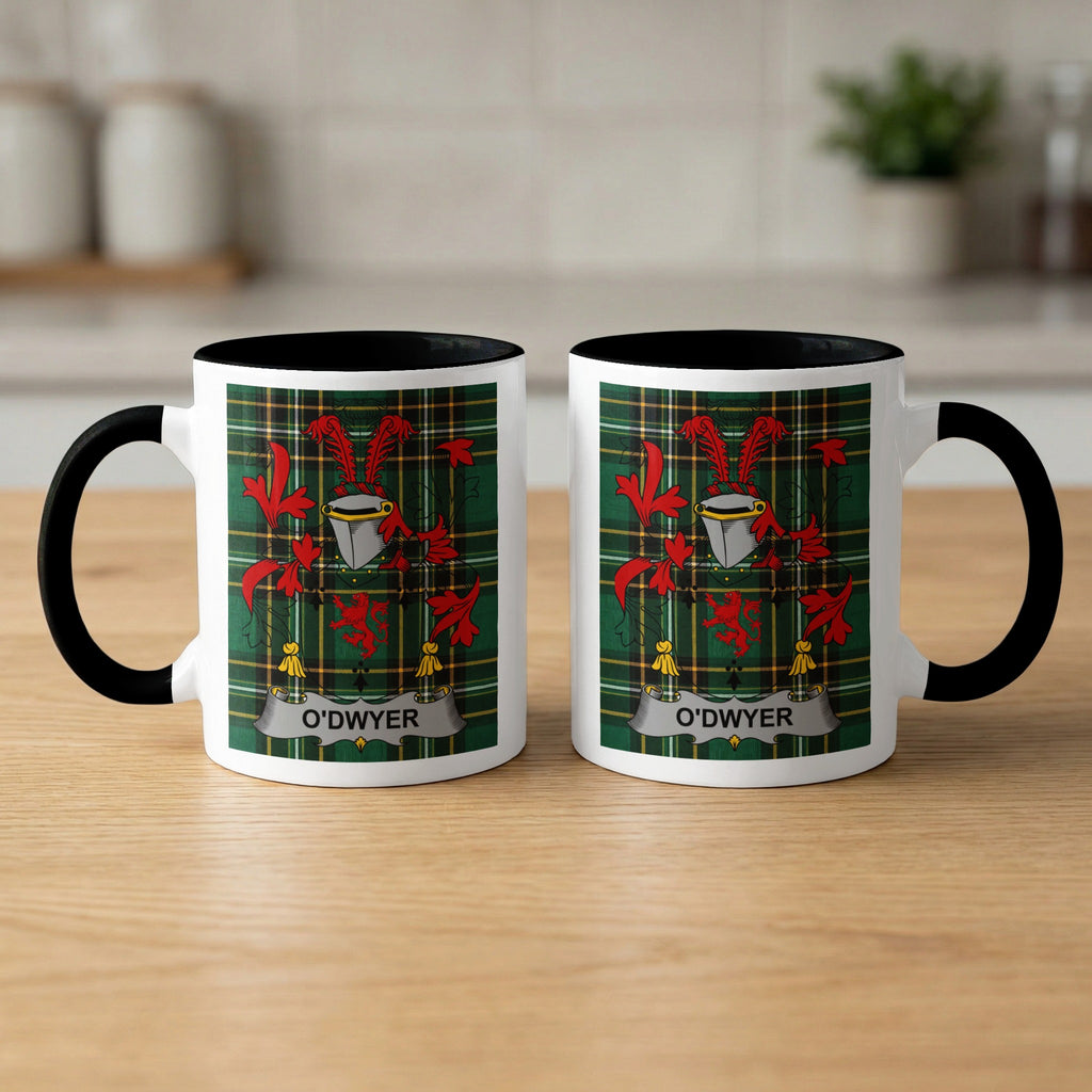 O'Dwyer Irish surname mugs front and back — family crest on tartan, black rims