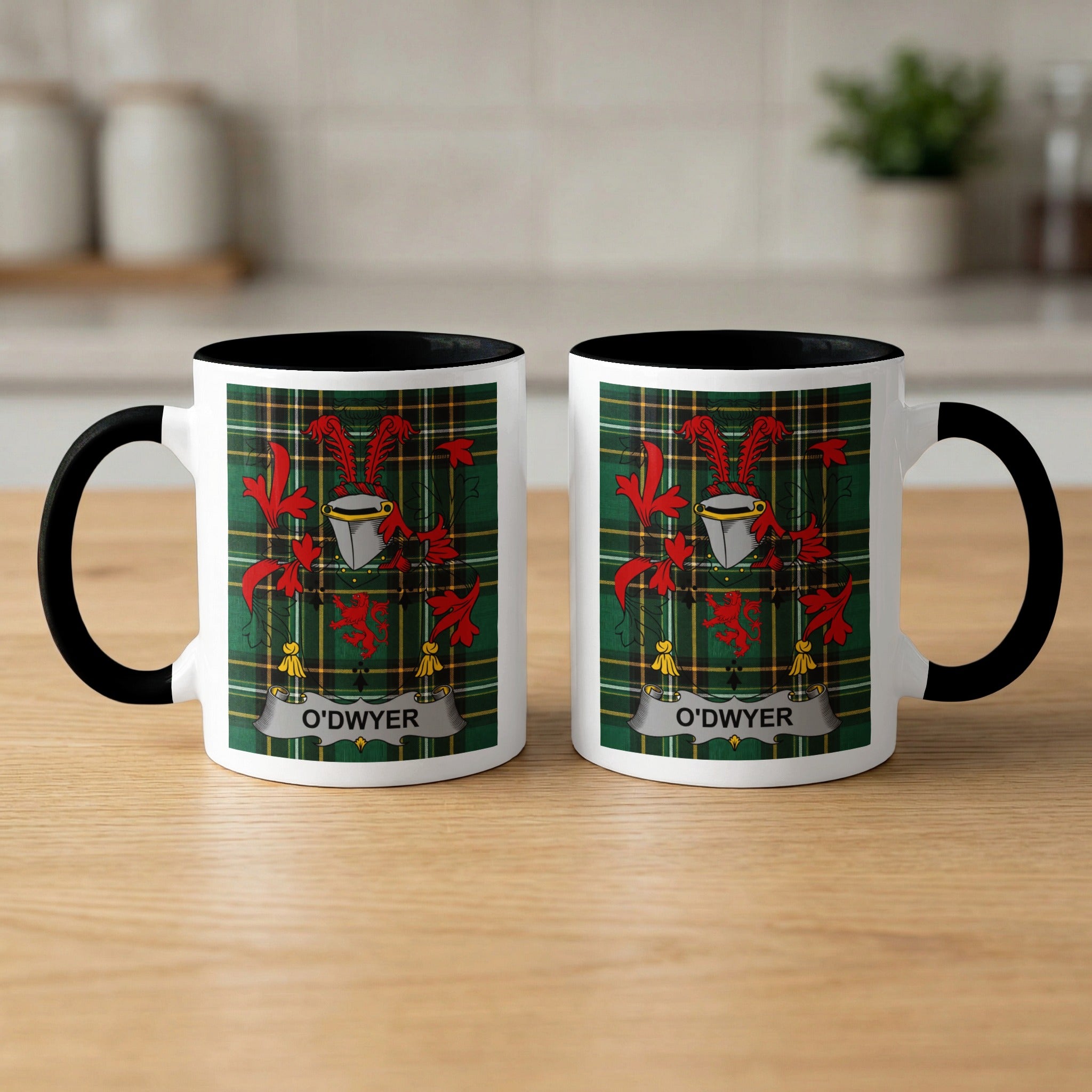 O'Dwyer Irish surname mugs front and back — family crest on tartan, black rims
