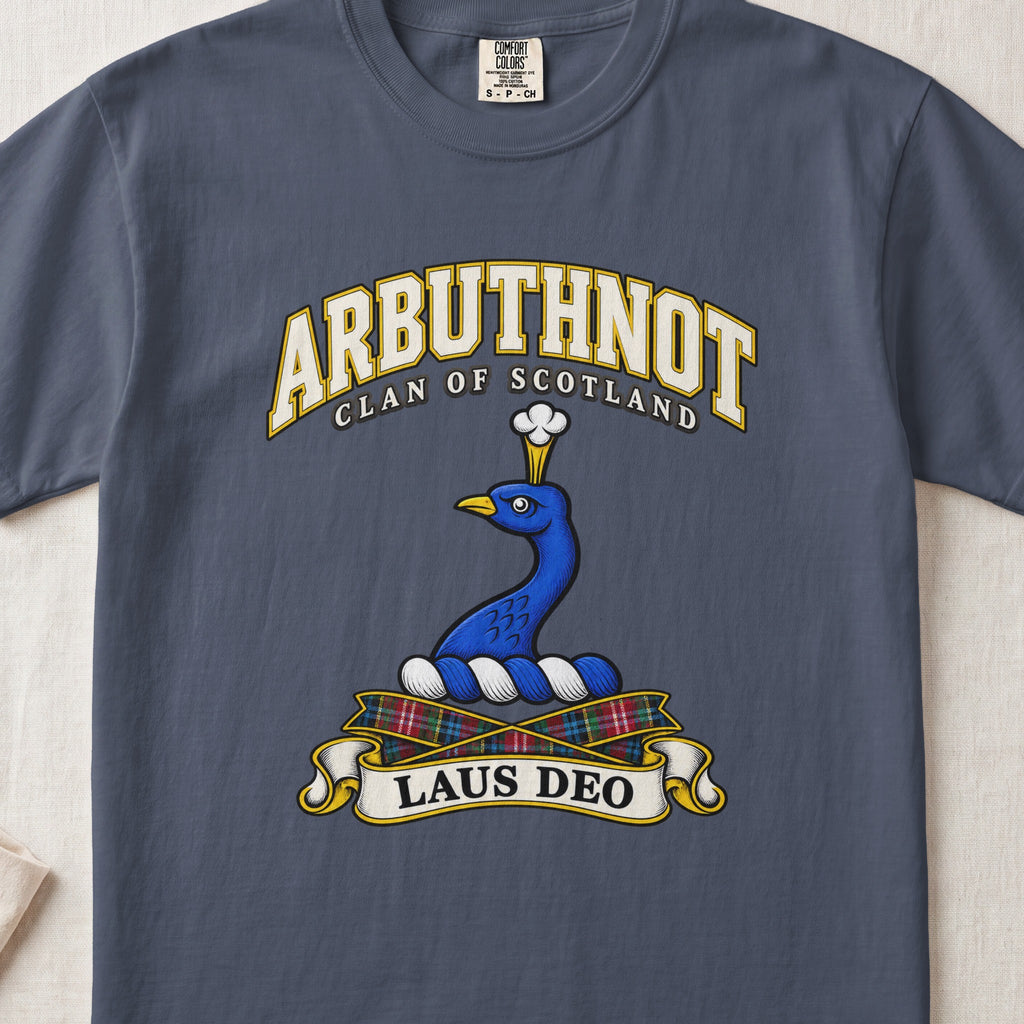 Arbuthnot Scottish clan T-shirt in Midnight, front view with a blue peacock head and neck and motto design.