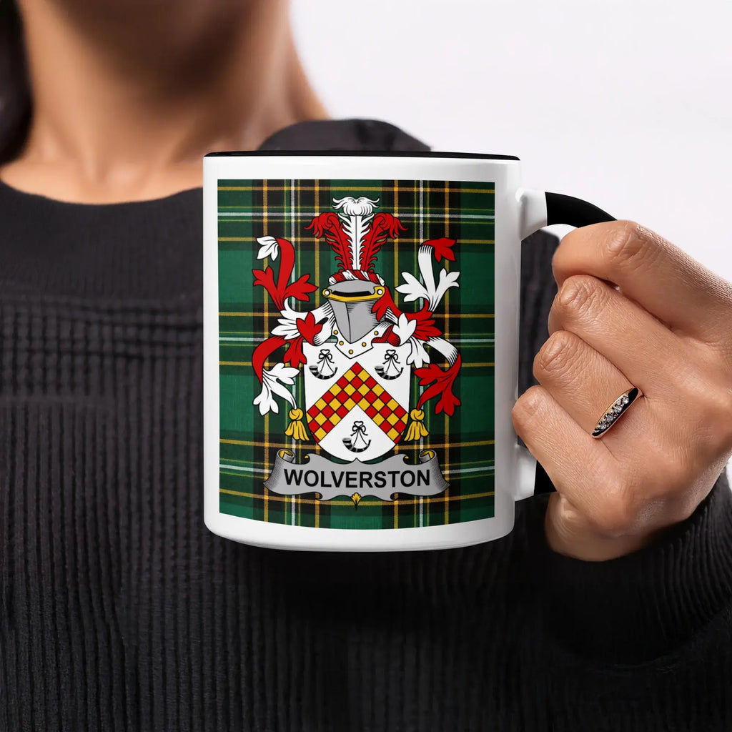 Mug with Wolverston family crest on green tartan background.