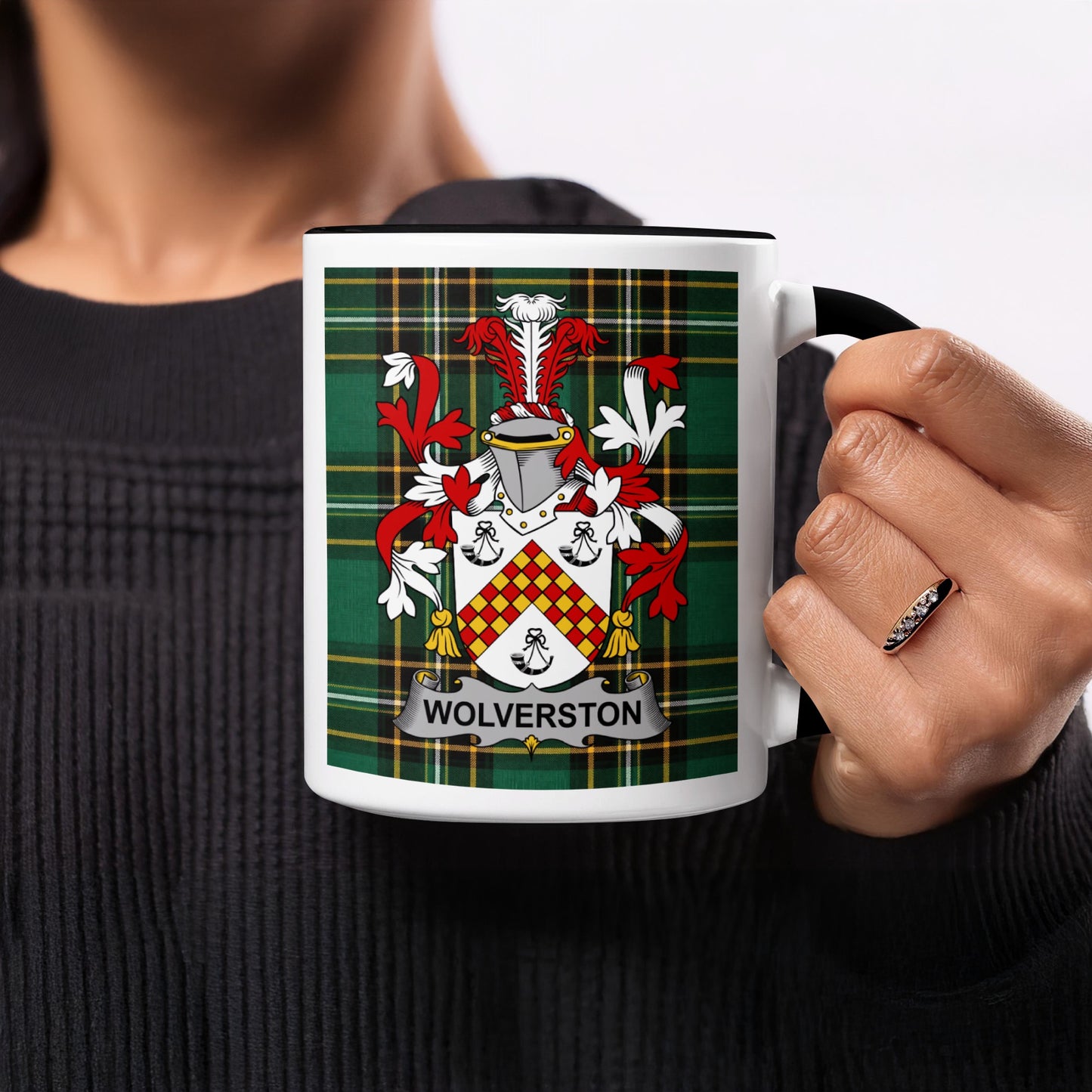 Mug with Wolverston family crest on green tartan background.