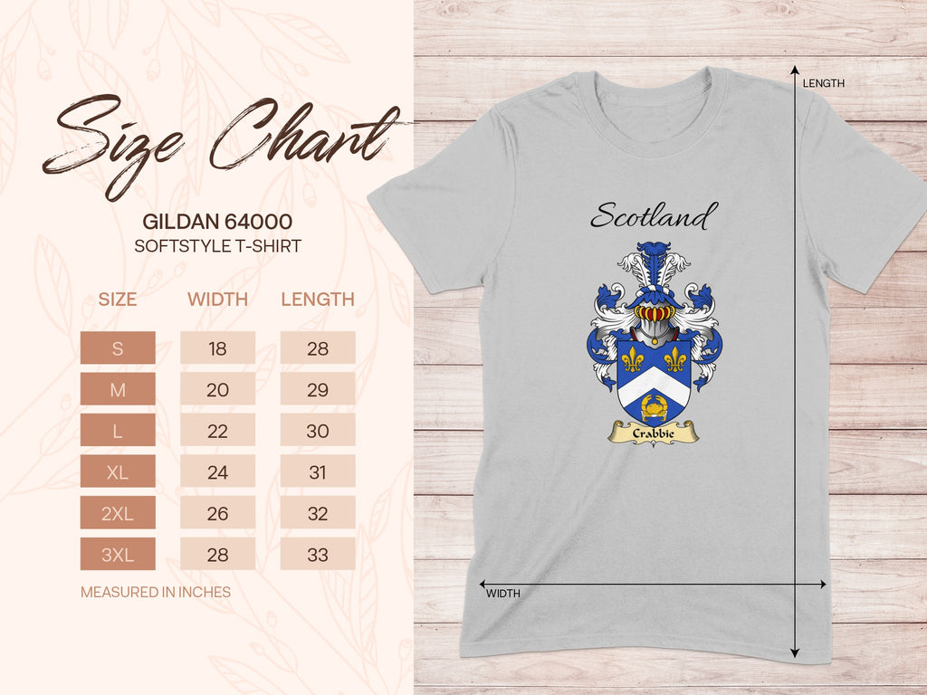 Gildan 64000 size chart for the Crabbie unisex T-shirt, sizes S to 3XL
