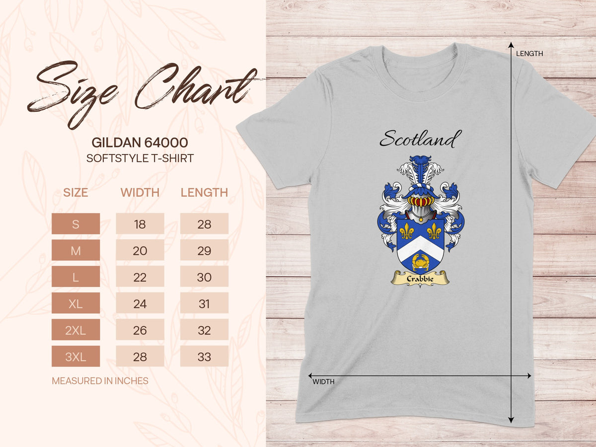 Gildan 64000 size chart for the Crabbie unisex T-shirt, sizes S to 3XL