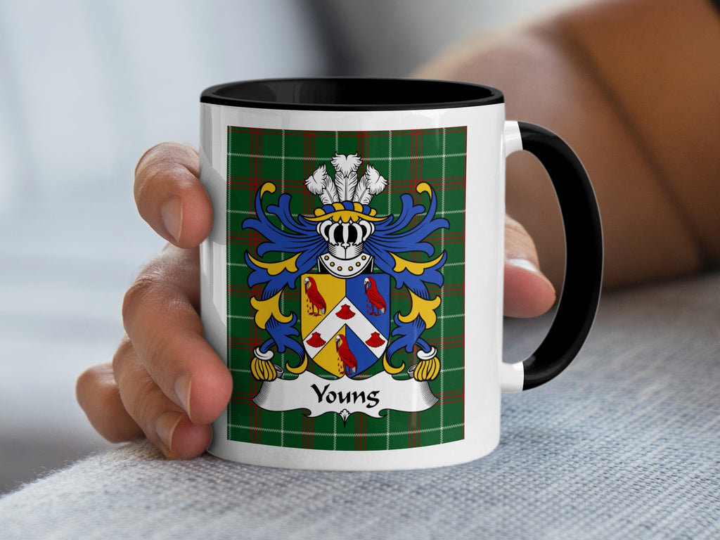 Mug featuring the Youngs family crest on a tartan background.
