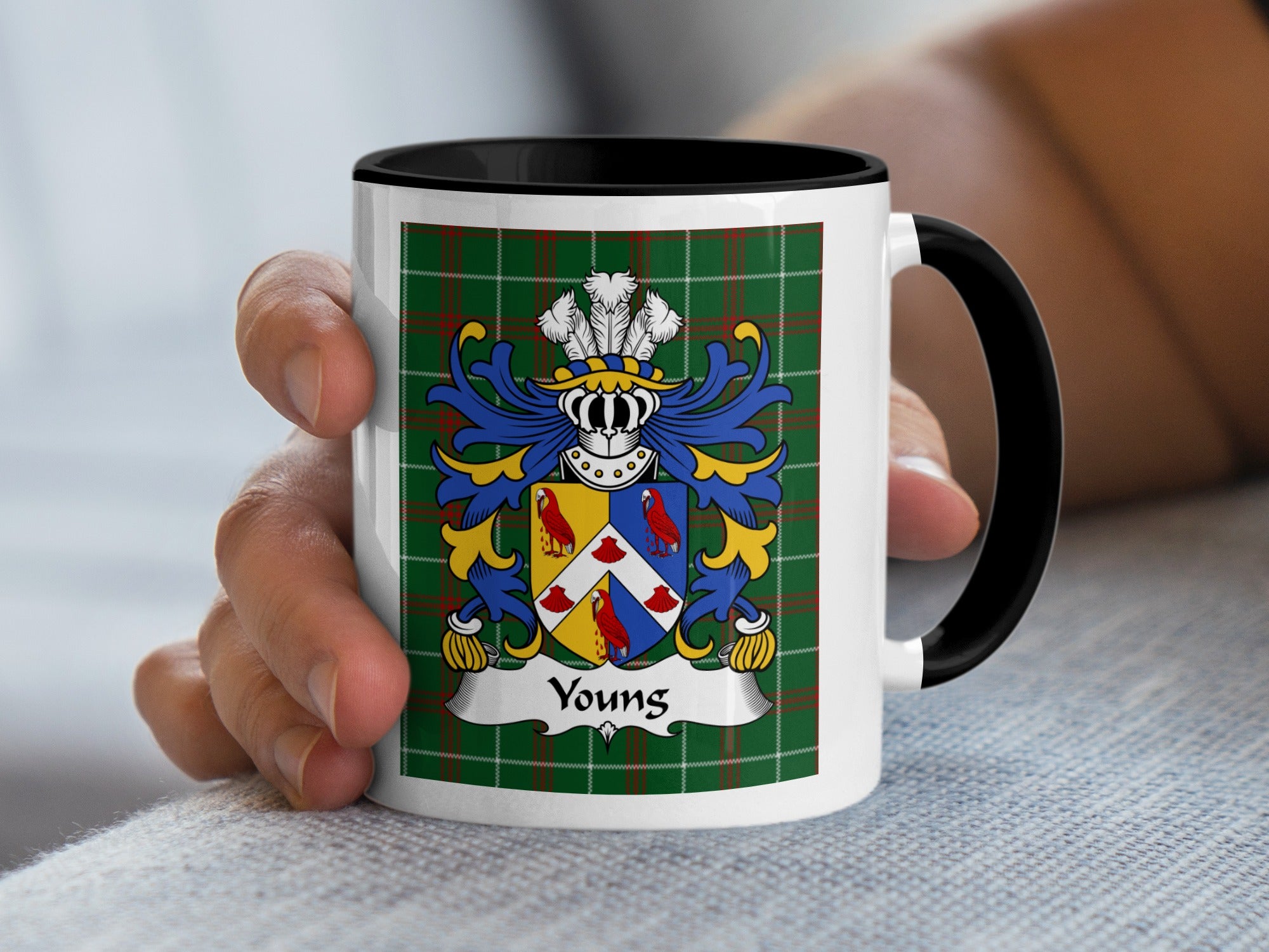 Mug featuring the Youngs family crest on a tartan background.