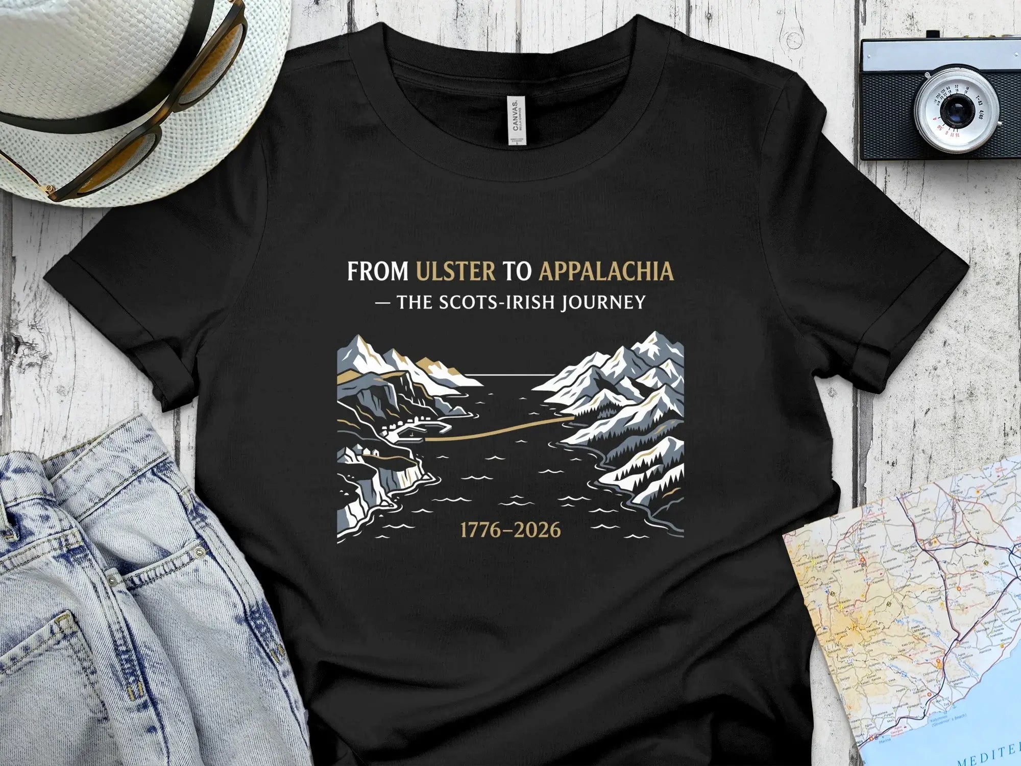 Black t-shirt with "From Ulster to Appalachia" journey graphic and dates.
