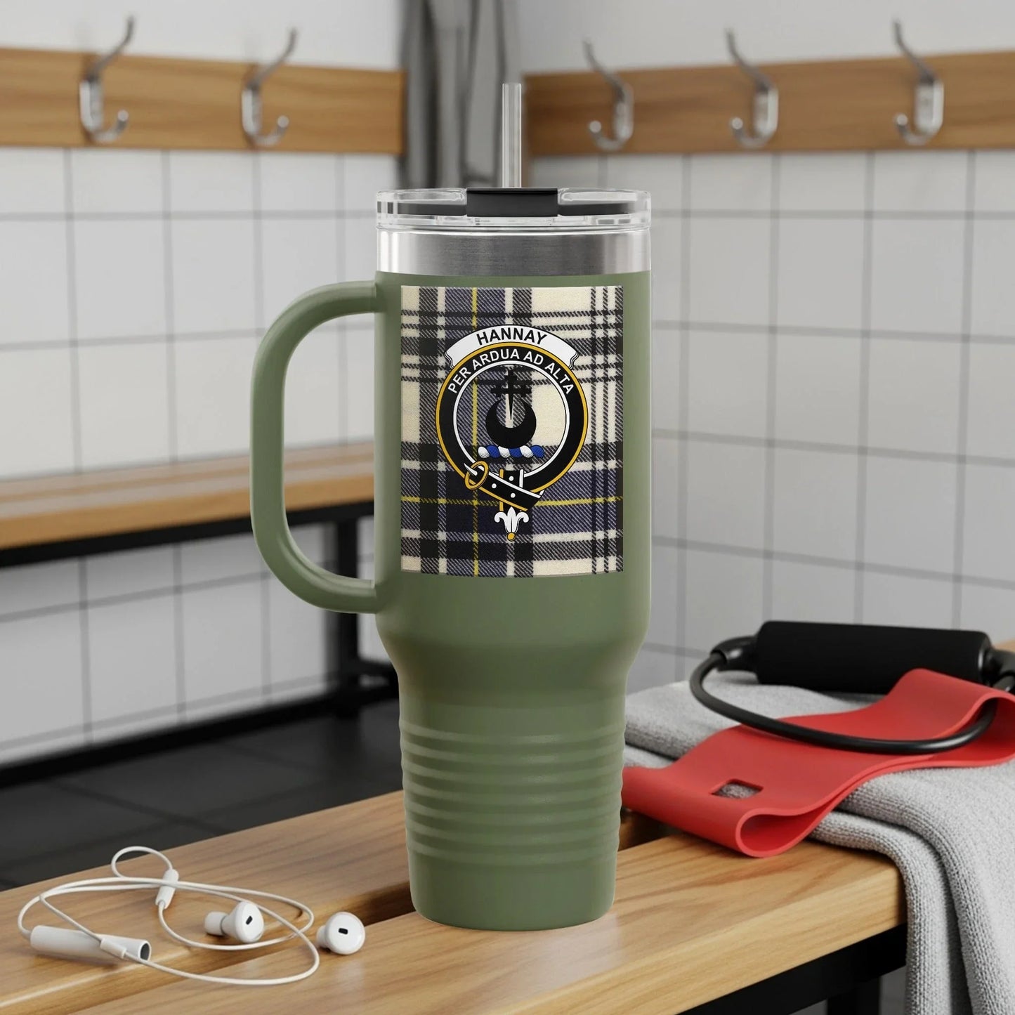 Stylish Green Tumbler with Tartan Design Travel product