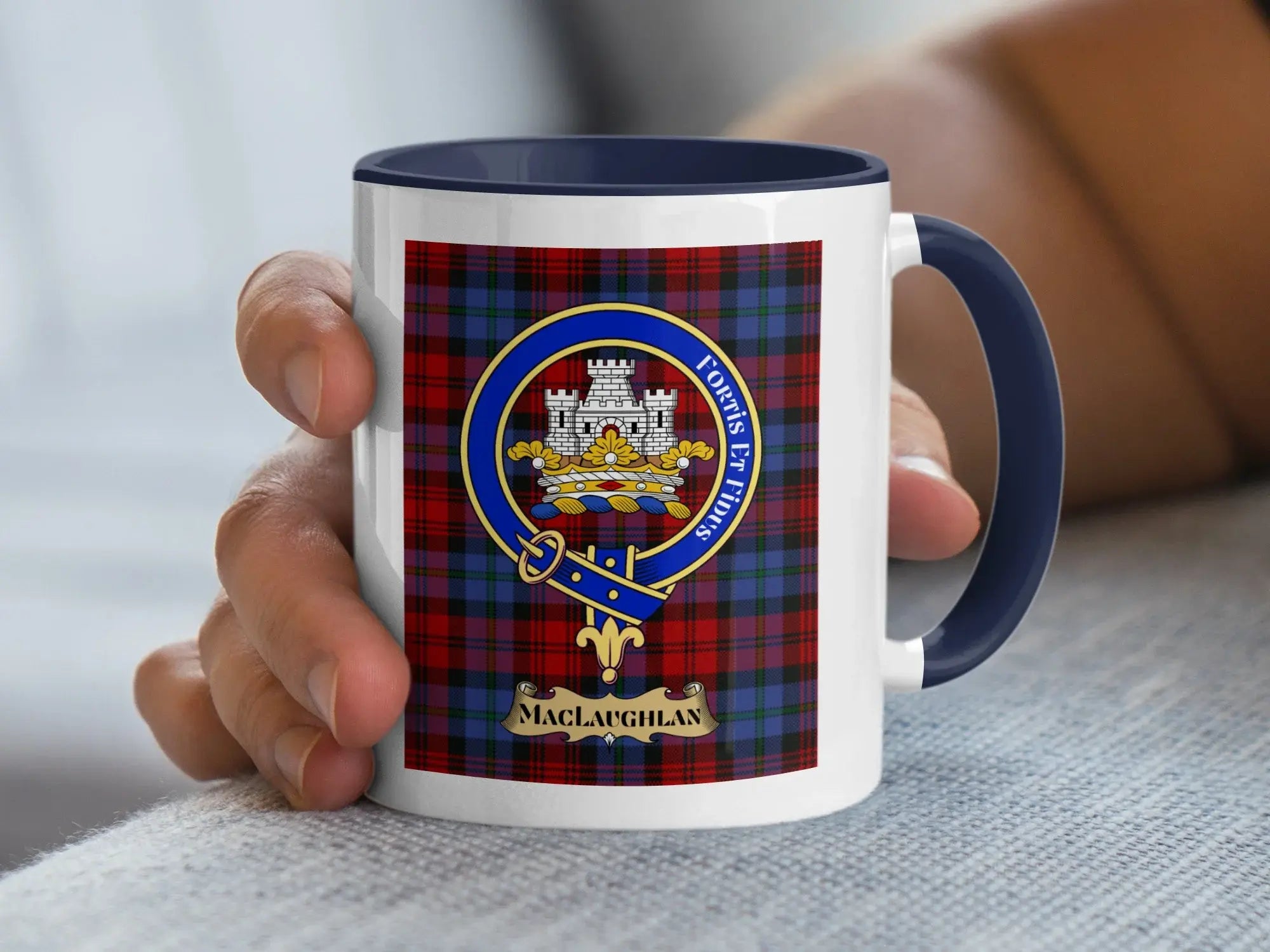 MacLaughlan family crest coffee mug with a tartan-background design