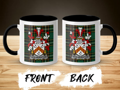 Two mugs displaying the Wolverston coat of arms on plaid background.
