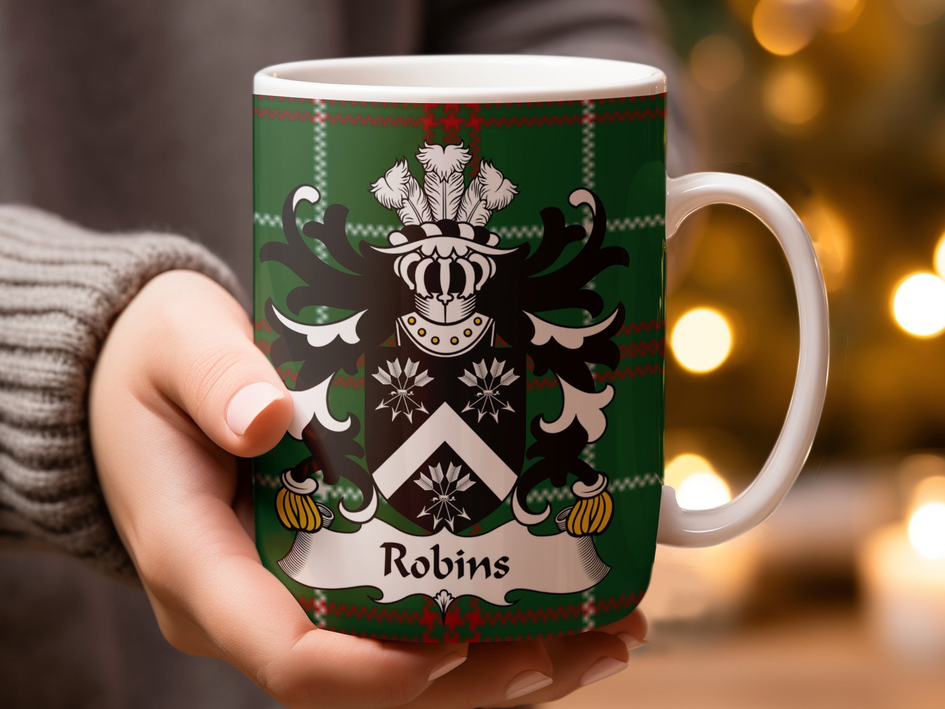 Robins Coat of Arms on Welsh Tartan Design Mug - Living Stone Gifts