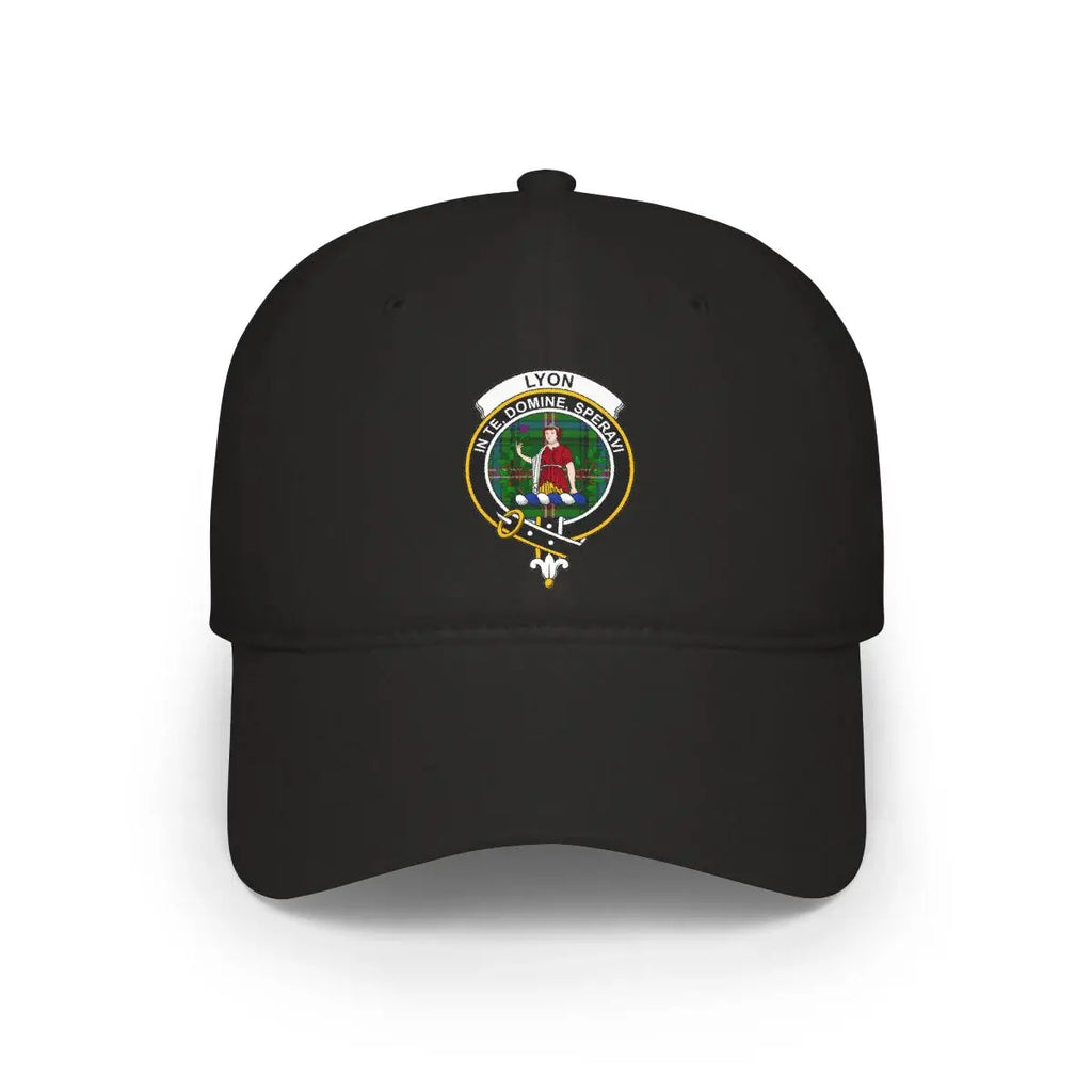Clan Lyon tartan crest cap — black, printed In Te Domine Speravi clan crest, low-profile cotton