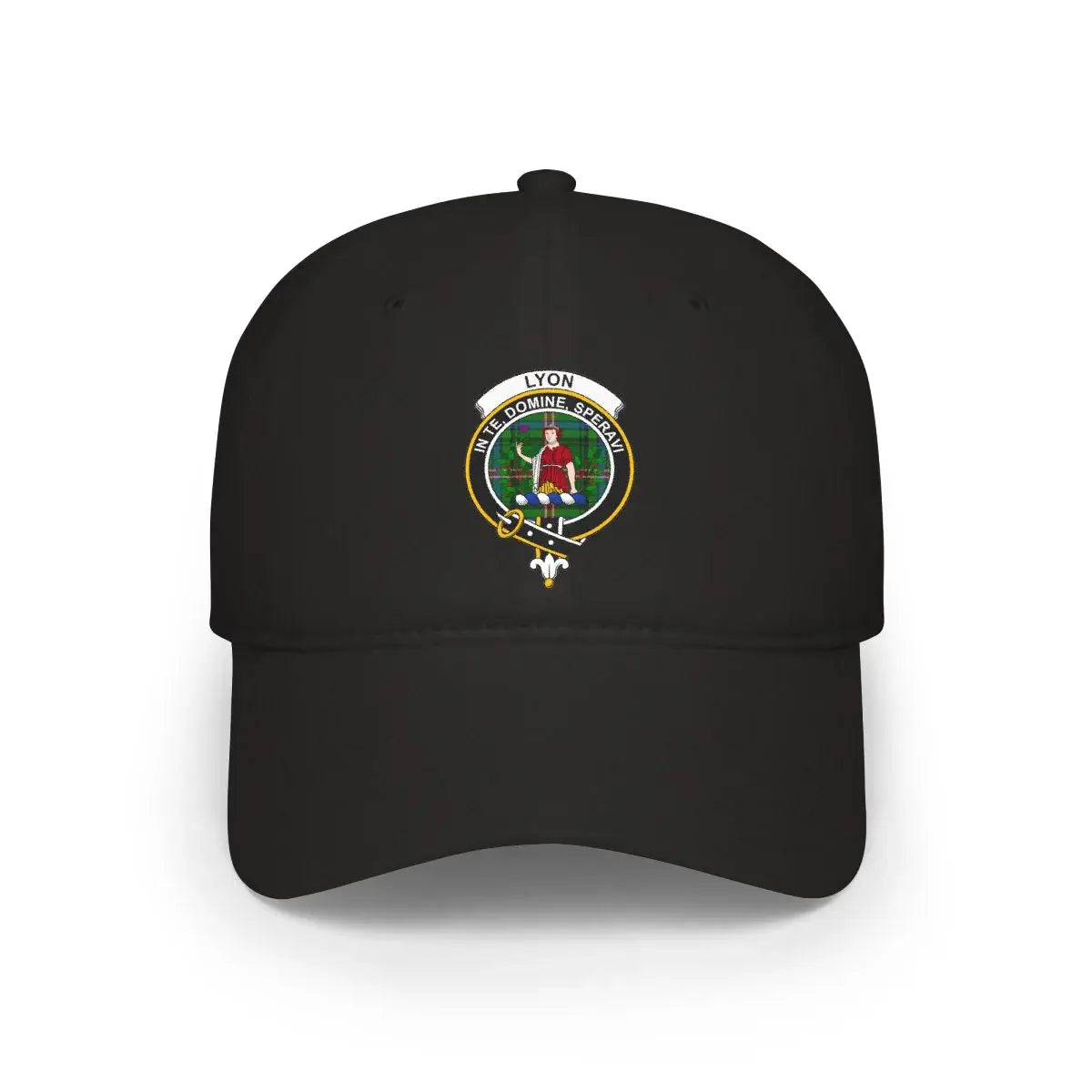 Clan Lyon tartan crest cap — black, printed In Te Domine Speravi clan crest, low-profile cotton
