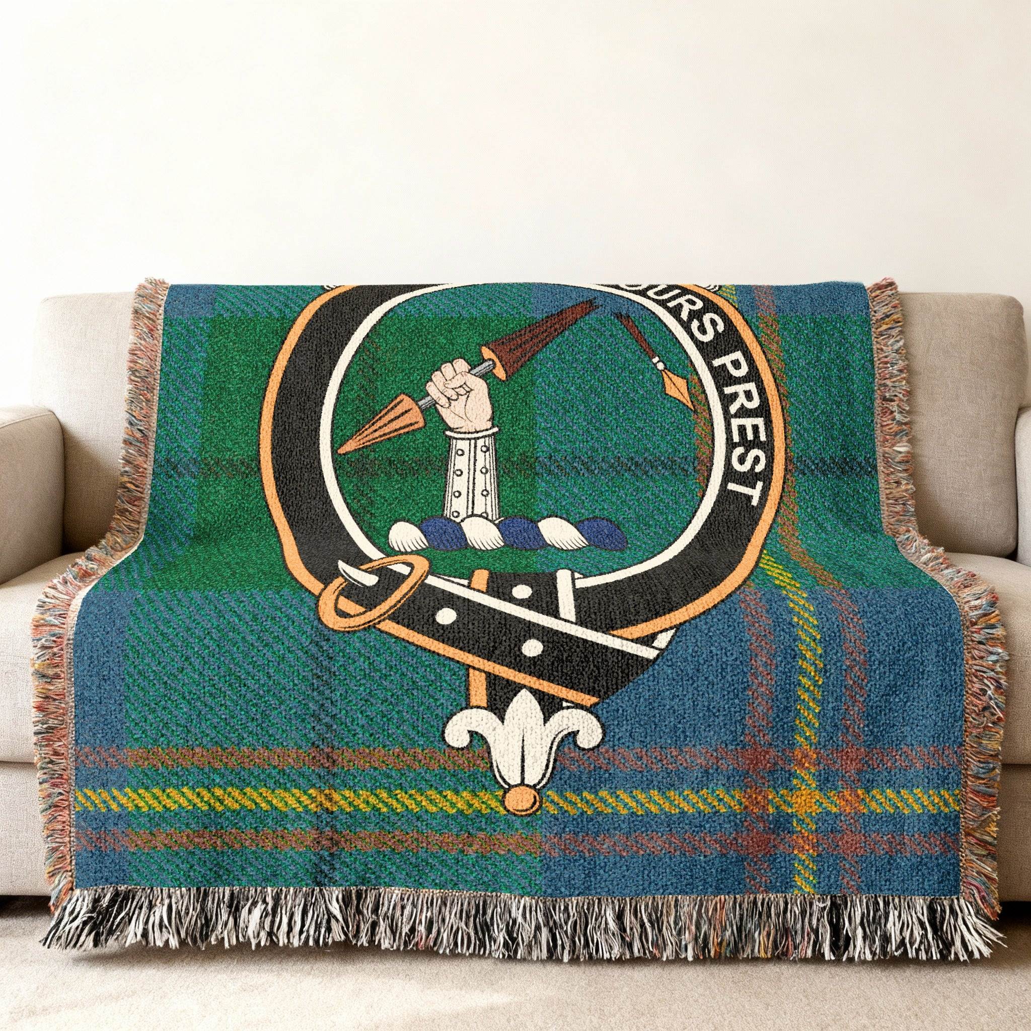 Carmichael clan crest tartan woven blanket — fringe edge detail, three sizes