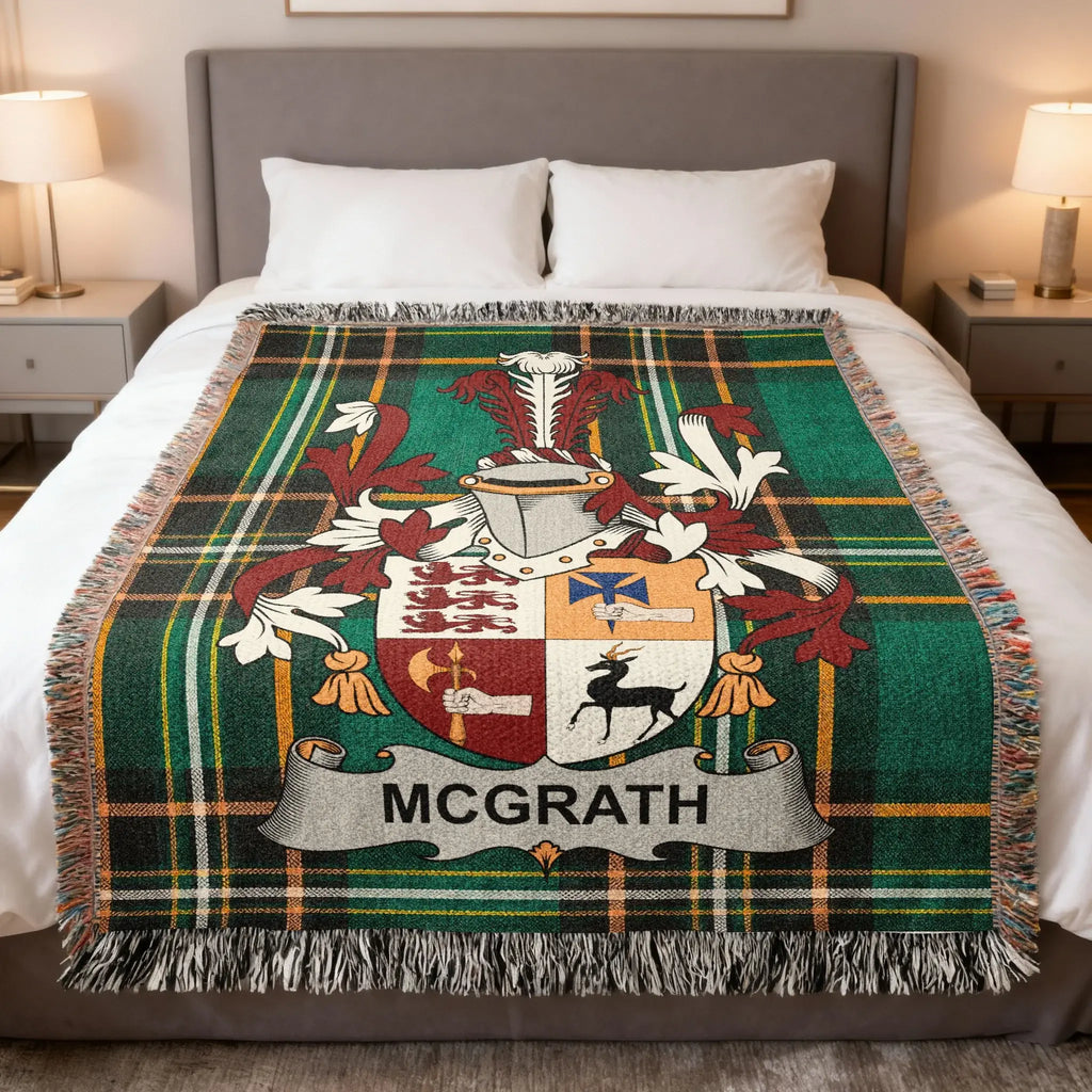McGrath coat of arms on a green tartan woven blanket.