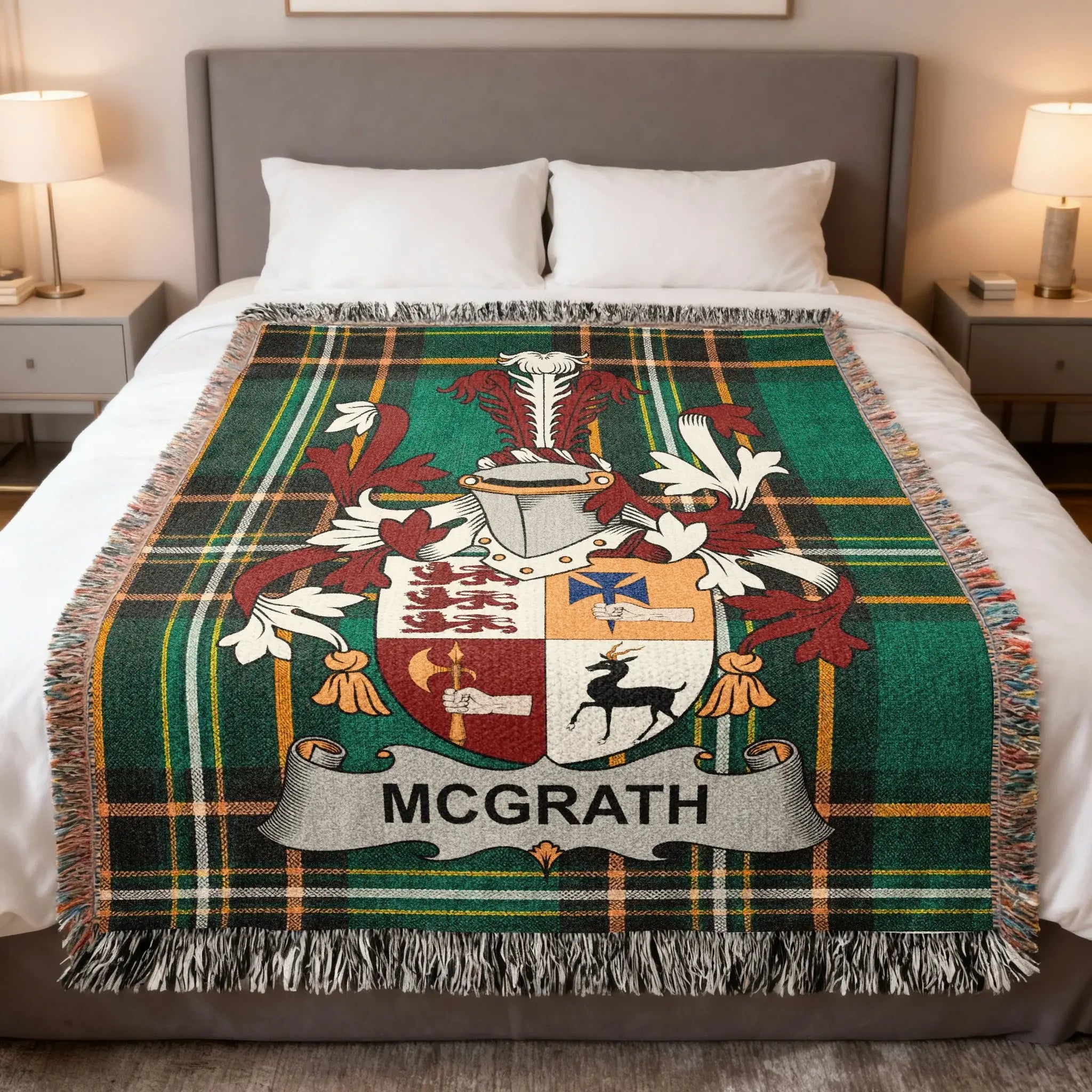 McGrath coat of arms on a green tartan woven blanket.