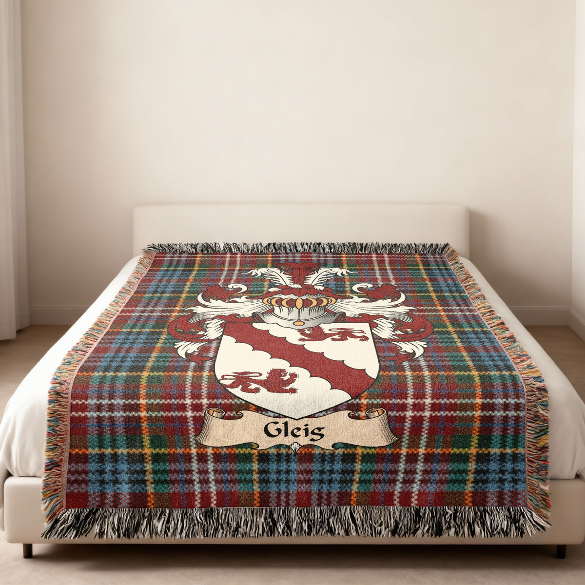 Gleis Scottish family shield woven blanket on a Caledonia tartan background