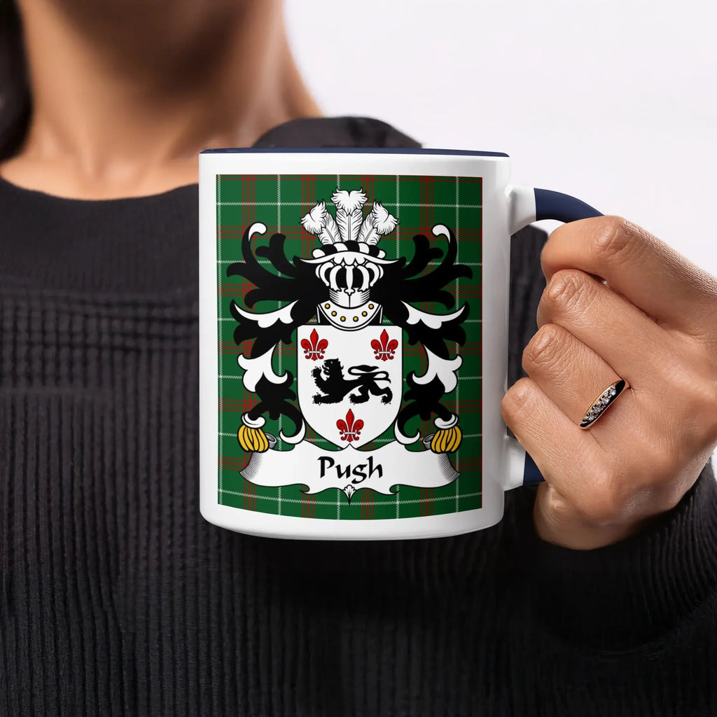 Pugh Welsh ancestry gift mug with green National Tartan and family crest
