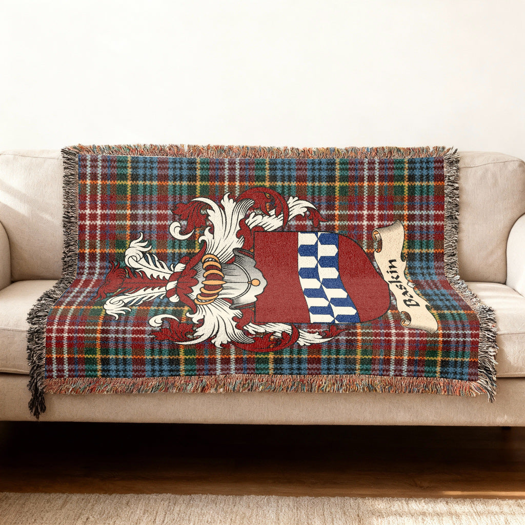 Baskin Scottish woven blanket with family shield and Caledonia tartan background