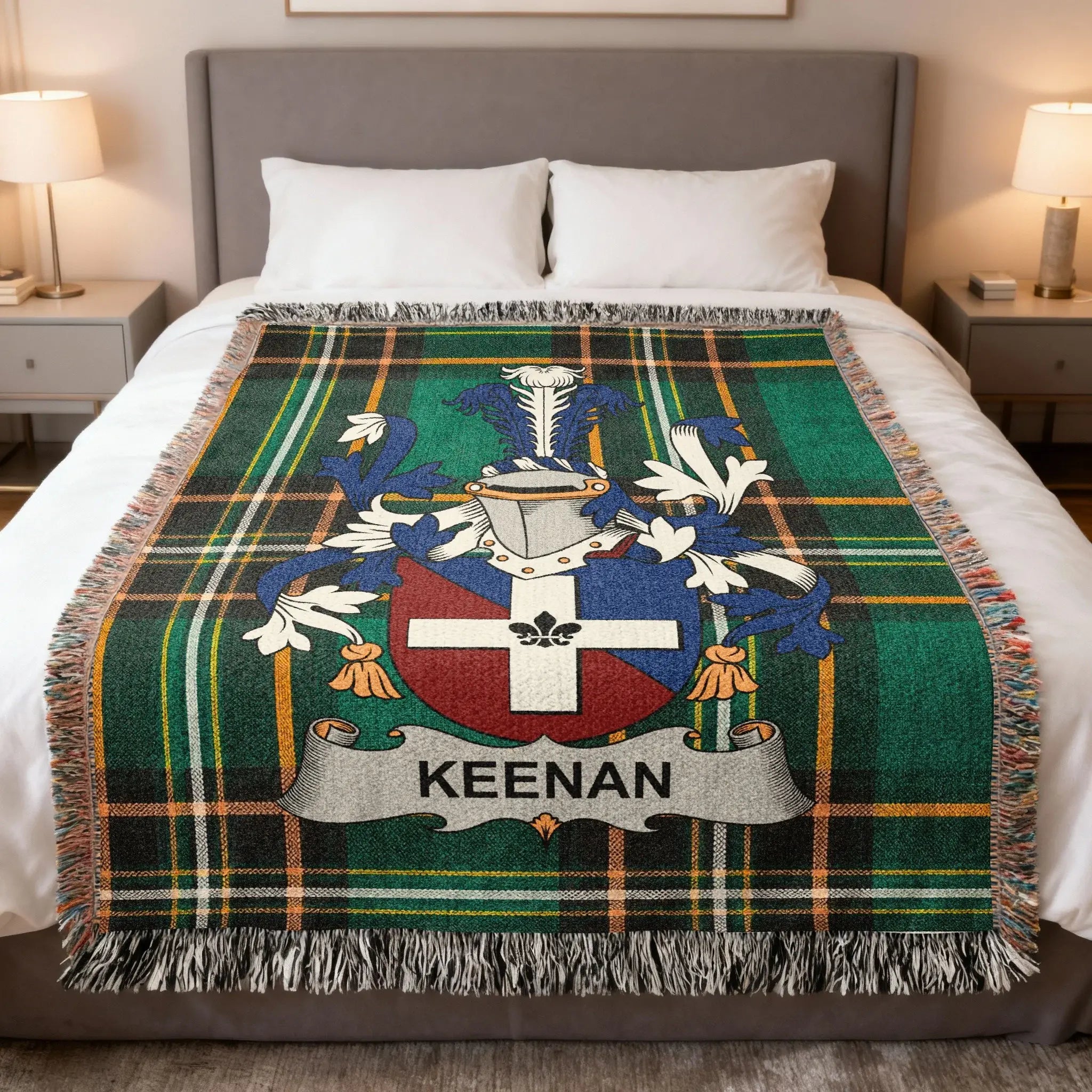 Keenan family crest on a green plaid tartan throw blanket.