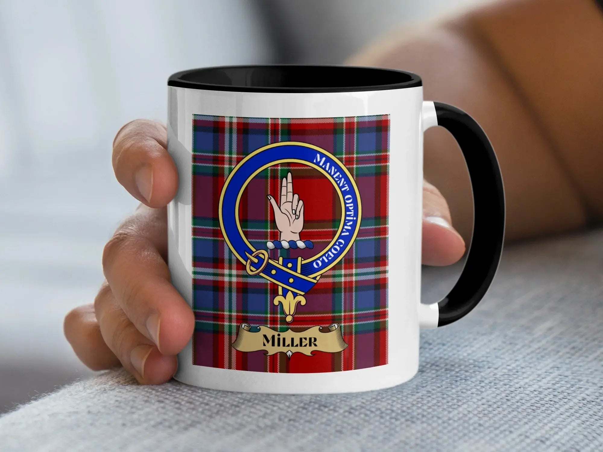 Miller tartan mug with a coloured accent handle and interior